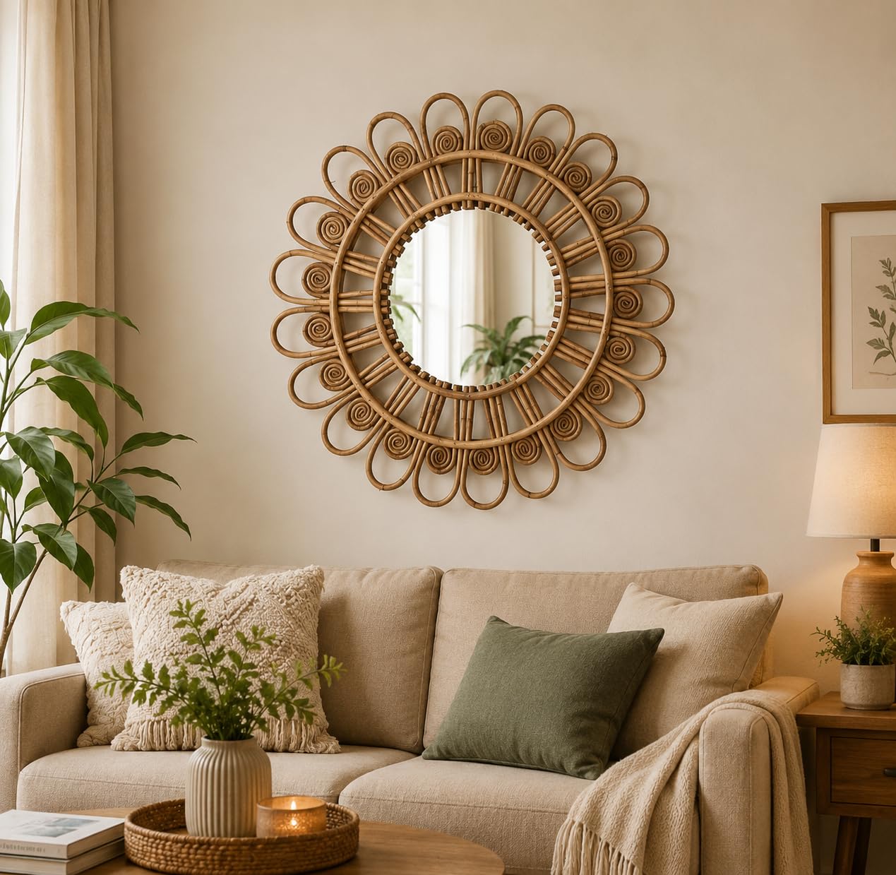 Peacock Feather Wall Mirror Frame for Living Room | Handcrafted Natural Rattan Cane Mirror | Decorative Round Wall Hanging Mirror for Bedroom, Hallway, Entryway & Home Decor | 52 x 2.5 x 52 cm-image-42