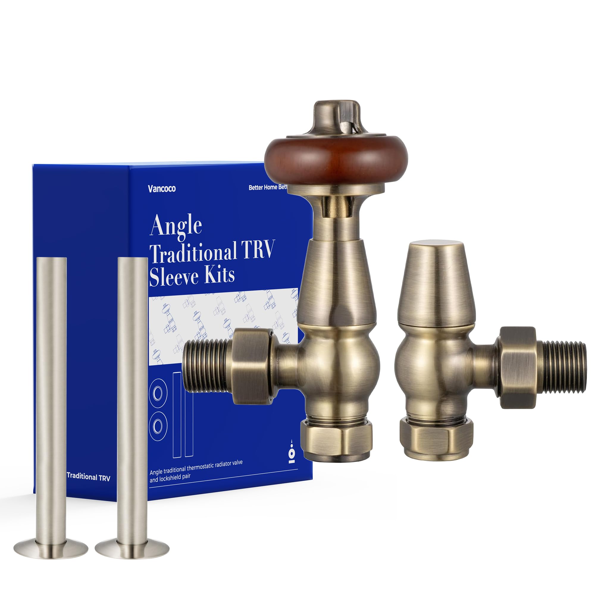 VANCOCO Traditional Antique Brass Angled Radiator Valves 1/2"×15mm + 130mm×15mm Radiator Pipe, Brass Thermostatic Radiator Valve, Cast Iron Antique Thermostat TRV Pair with Solid Wood Handwheel — image 1