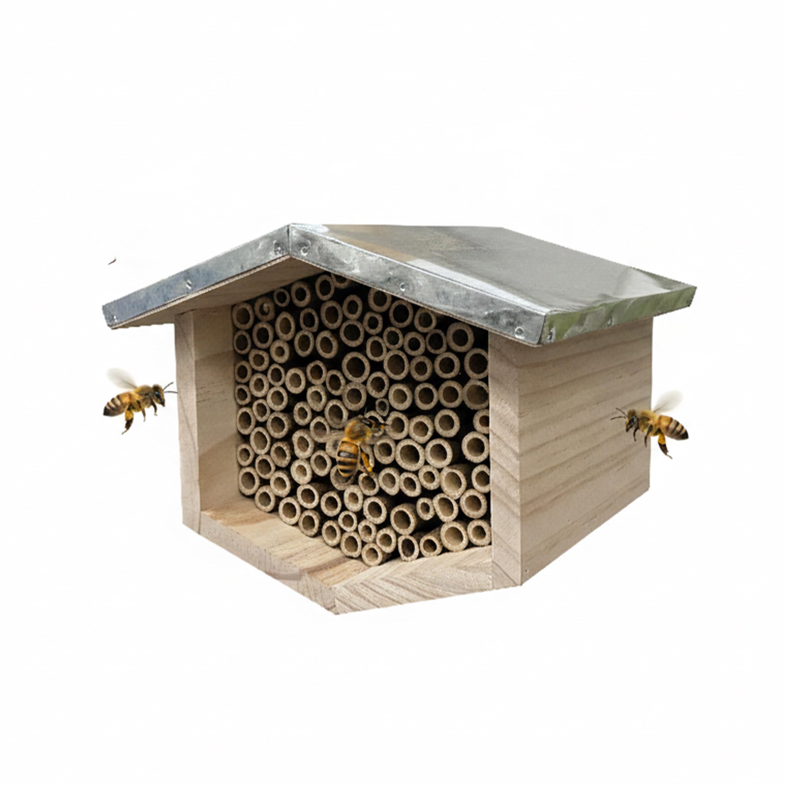 Relaxdays Bee Hotel, Pine Wood with Galvanised Metal Roof, Bamboo Tubes, Hanging Insect Shelter, Natural/Silver, 17x21.5