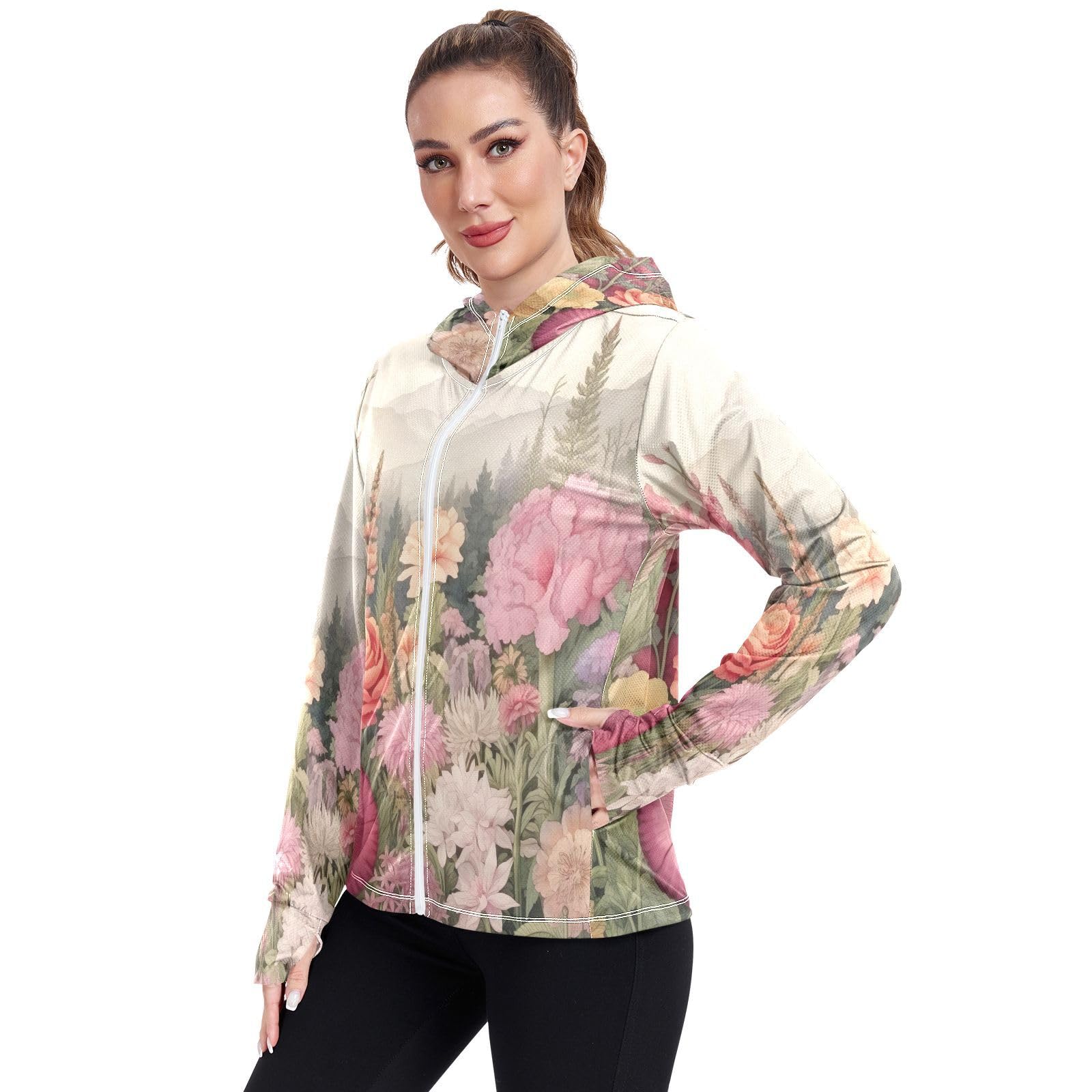 Kigai Flower Women's UPF 50+ Sun Protection Hoodie Jacket with Pocket Zip Long Sleeve Sun Shirt for Gardening Hiking Outdoor