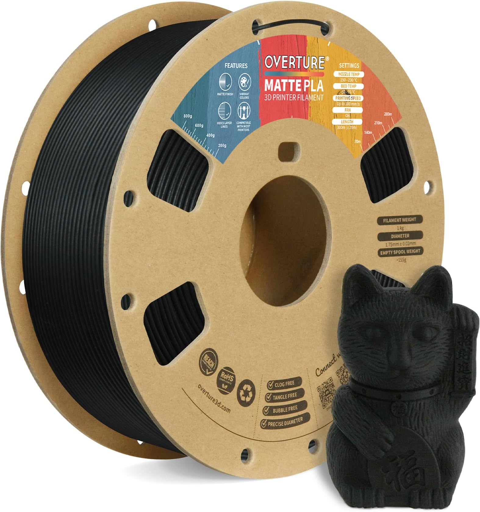 OVERTURE PLA Matte Filament 1.75mm with 3D Printer Build Surface 200mm ?? 200mm, Matte Black PLA Roll 1kg Spool (2.2lbs), Dimensional Accuracy +/- 0.05 mm, Fit Most FDM Printer