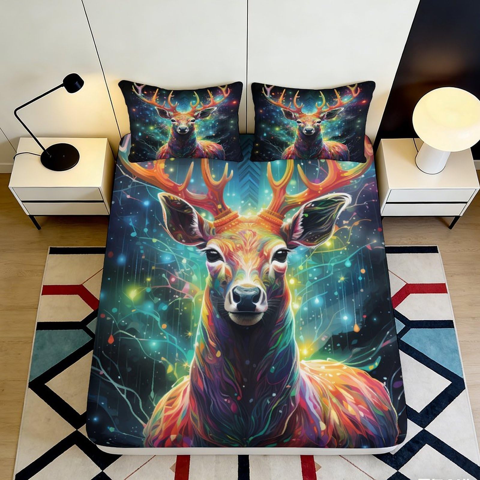 3D Printed Vibrant Stag Fitted Sheet Microfiber Anti-Slip Forest Galaxy Mattress Cover for Bedroom Guest Room 90x200x25cm