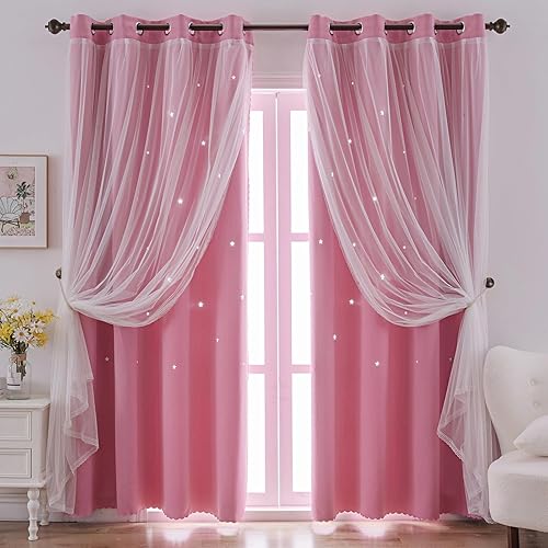 indistar Star Cutout Kids Window Blackout Curtains for Girl Bedroom Window Room Darkening Curtains & Drapes Baby Nursery Curtains (2 Panel,52Wx72L inch,Pink)
