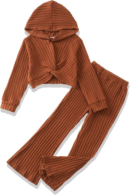 XUANHAO Girls Clothes Fall Winter Teen Outfits for Girl Rib Knit Twist Front Hoodie Flare Pants Sweatsuit Girls Clothing Set
