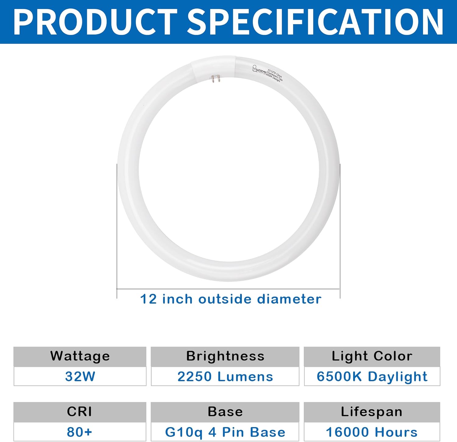 2 Pack FC12T9/DL 32W T9 Circline Fluorescent Light Bulb, 6500K Daylight, 12 Inch Round Fluorescent Bulb, G10q 4 Pin Base, Circular Replacement Tube
