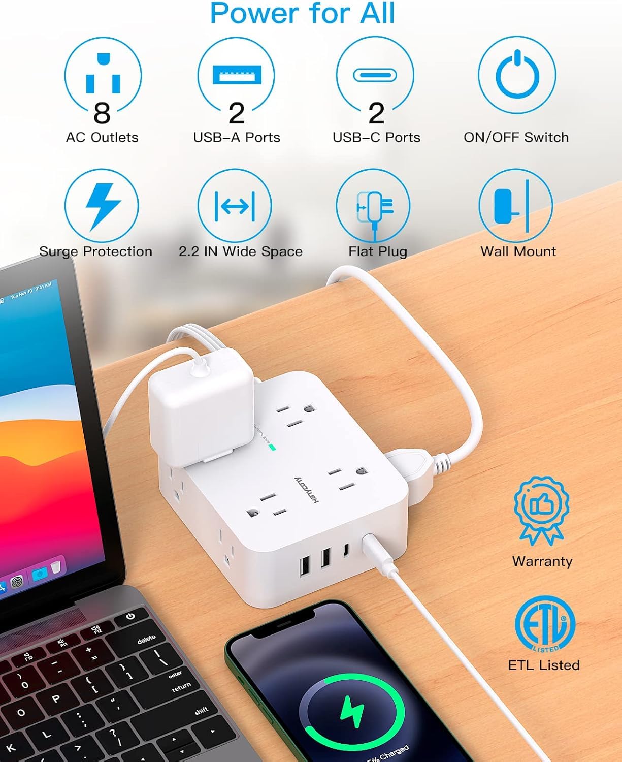 Surge Protector Power Strip, HANYCONY Extension Cord with Multiple Outlets — Amazon image 2