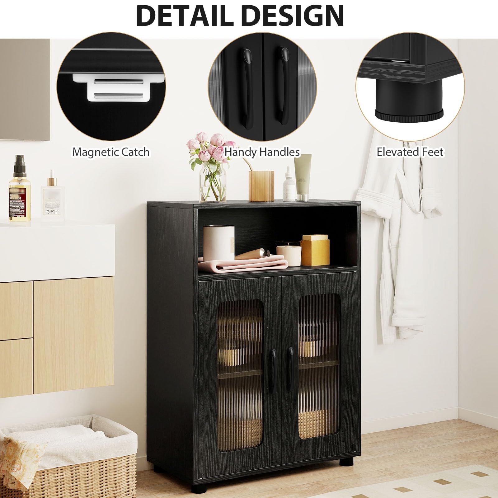 LIFEZEAL Armario de Baño Independiente con Estante Ajustable, Armario de Cocina con Compartimento Abierto, Mueble Ahorrador de Espacio para Salón Cocina y Baño, 60 x 30 x 83 cm (Negro)