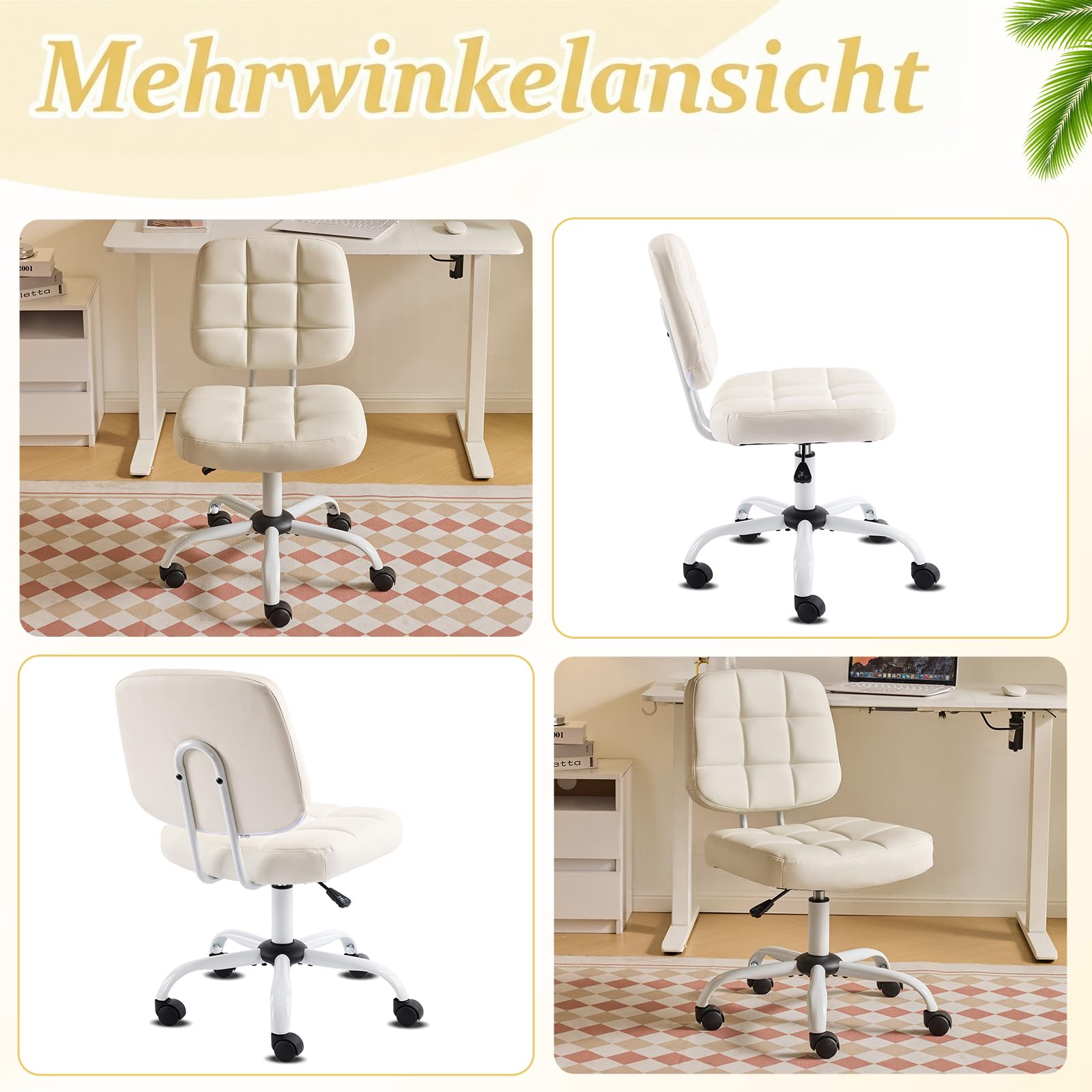 Bonnlo Bürostuhl ohne Armlehne, Kleiner komfortabler schreibtischstuhl mit Rollen, Drehstuhl Höhenverstellbar für Büro, Schlafzimmer, Arbeitszimmer, Schminkstuhl aus Leder, Weiß