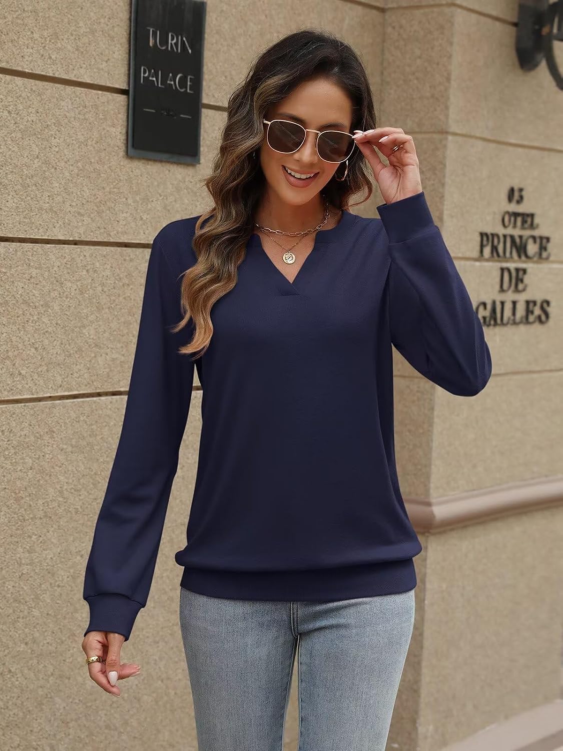 EADINVE Womens V Neck Long Sleeve Sweatshirts Fall Lightweight Pullover image 3