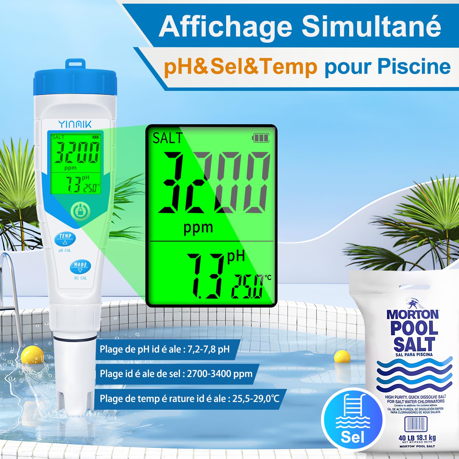 YINMIK Testeur Sel Piscine, Testeur de pH et Salinité Piscine avec Affichage Simultané, 5 en 1 Salinomètre, Testeur pH Conductivité Sel EC TDS Temp pour Aquarium, Spa, Eau Potable, Hydroponique Visite