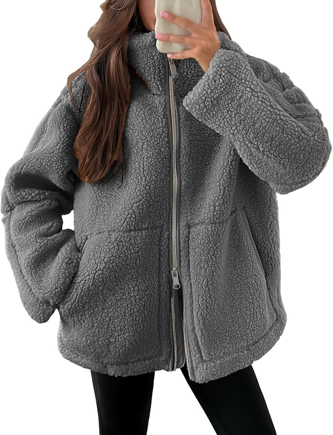 Women Fall Sherpa Jackets Oversized Double Ended Zip Fleece Warm Jacket Fuzzy Casual Sweater Coat Winter Outerwear
