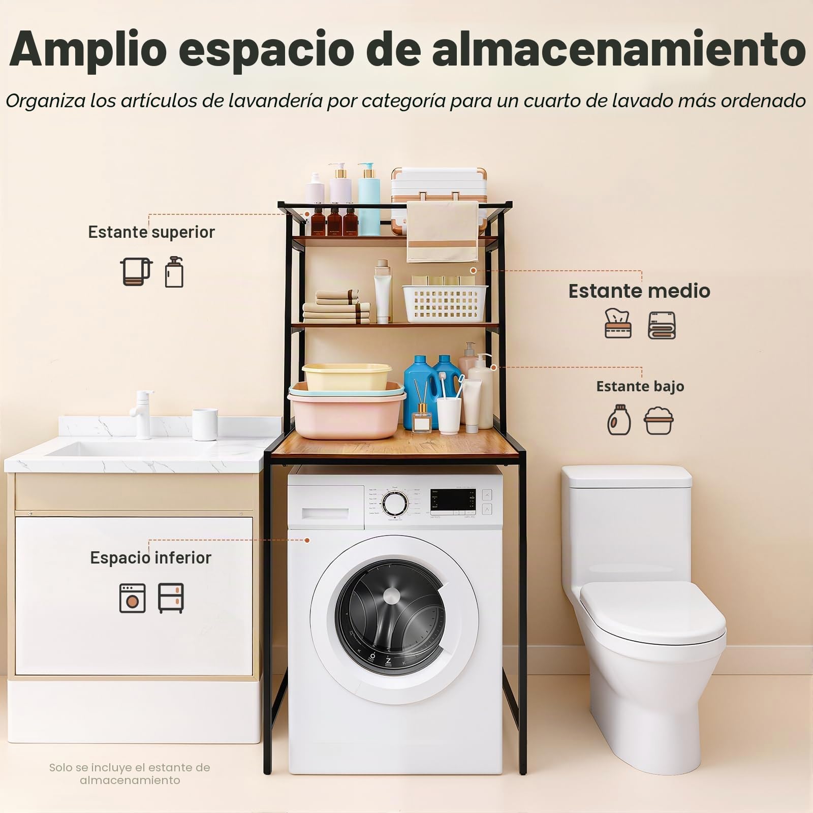 Estante para lavadora y secadora con 3 niveles, estante para lavadora, estantes para lavadoras, cubiertas protectoras, amplio espacio de almacenamiento, para baño, lavandería, balcones