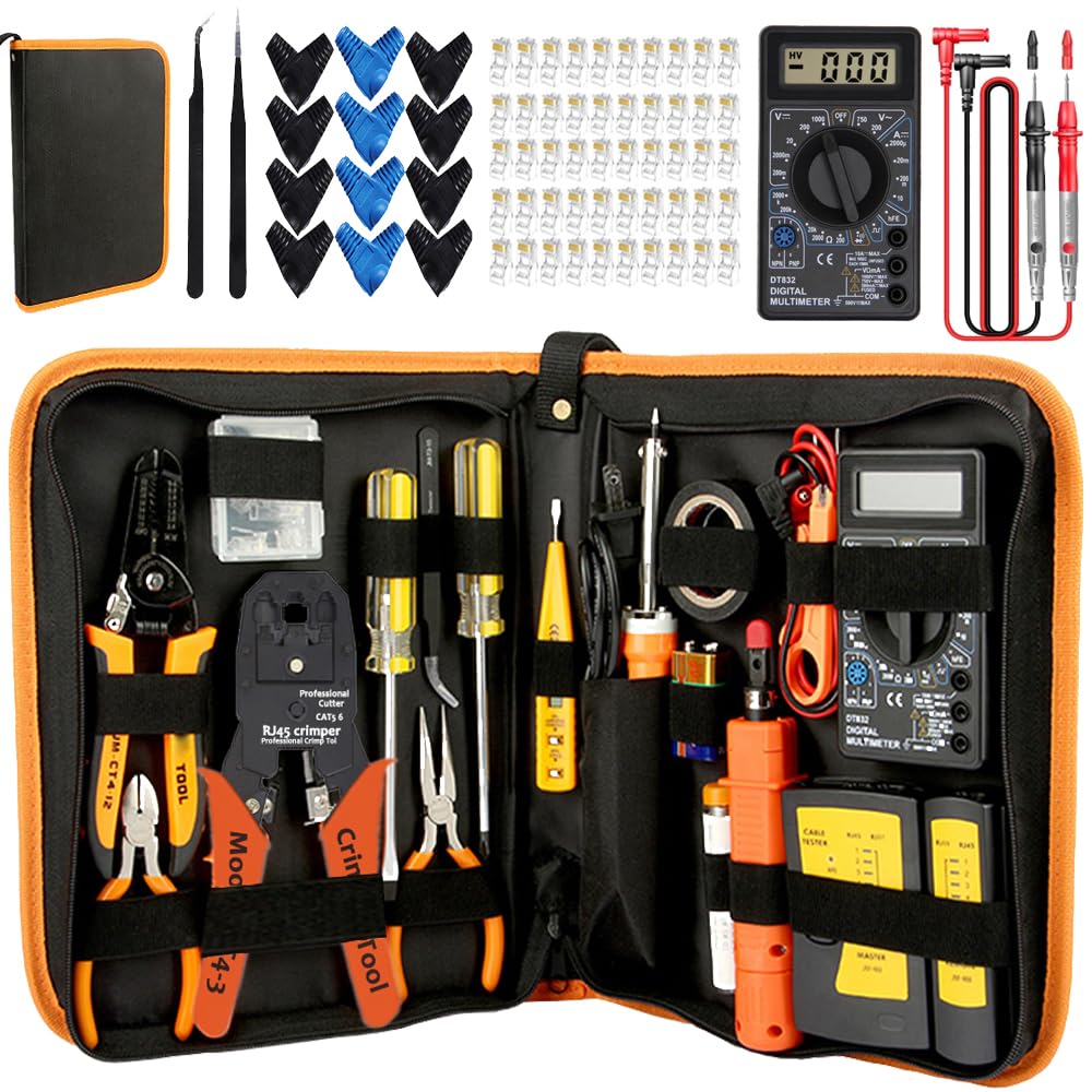 Leatbuy Kit d'outils de sertissage RJ45 pour RJ11/RJ12/CAT5/CAT6/Cat5e, testeur de câble LAN professionnel, outil de réparation de réseau, pince à sertir, pince à dénuder (jaune)