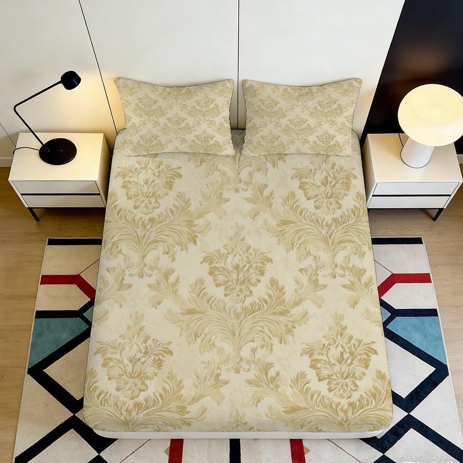 3D Printed Beige Damask Fitted Sheet Microfiber Soft Breathable Floral Bed Cover for Bedroom Dormitory Guest Room Mattress Protection Decor 180x200x25cm