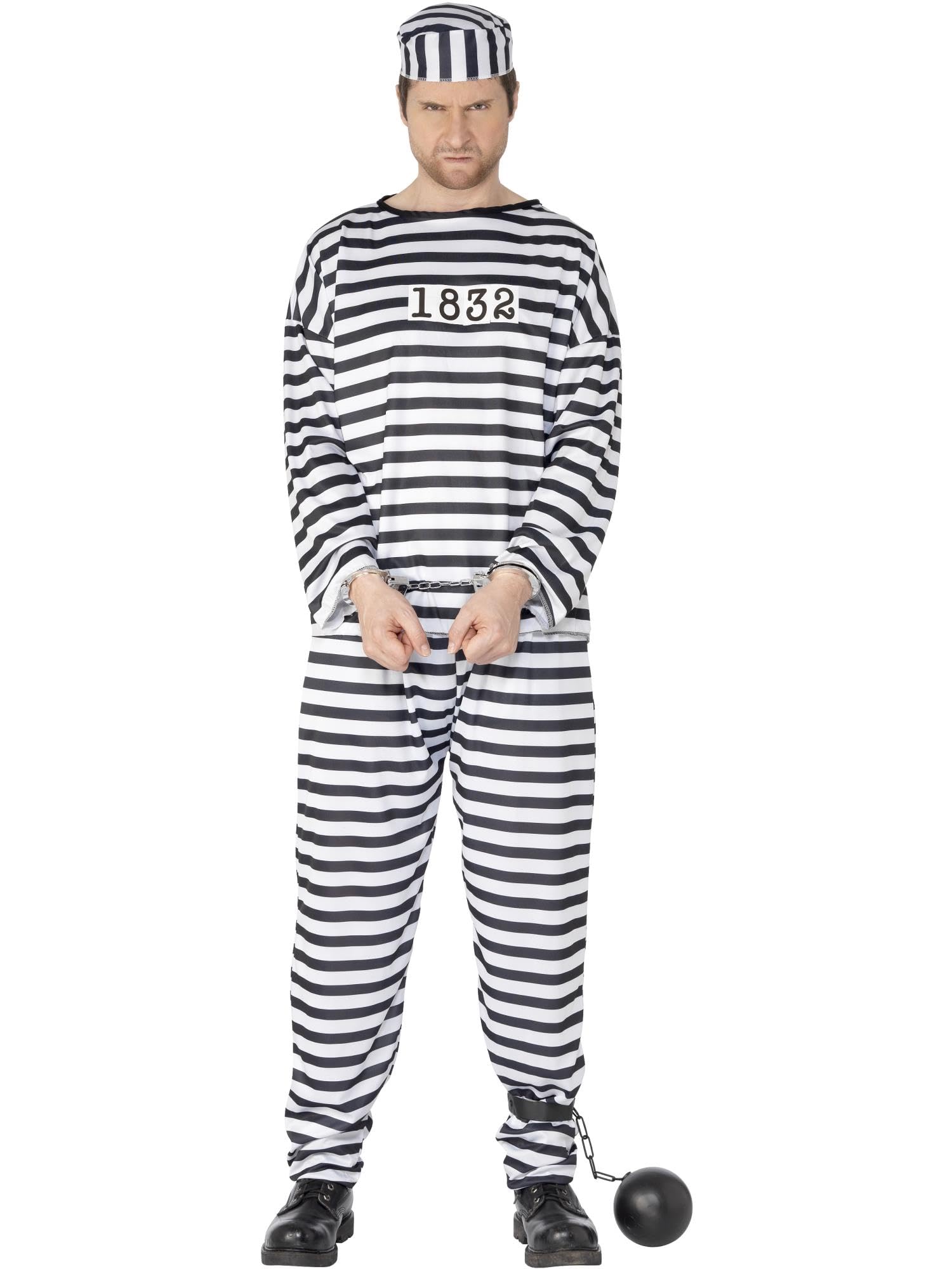 Smiffys Adult Convict Costume, Black and White Striped Prisoner Fancy Dress Outfit with Shirt, Trousers and Hat, Classic Jailbird Cops and Robbers Theme for Halloween, Stag do, Dress Up Events Medium