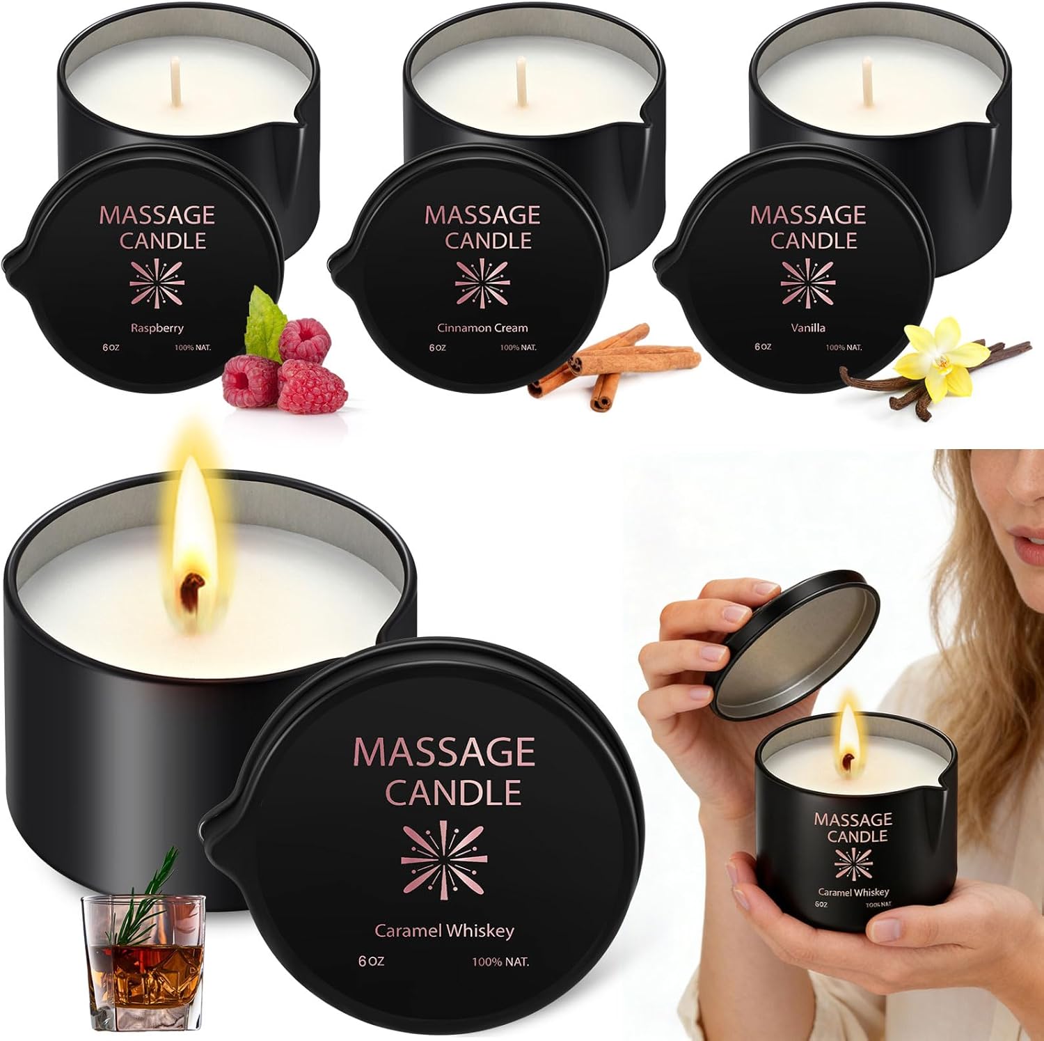 Nuanchu 4 Pcs 6 oz Massage Oil Candle, Ignite Low Temp Scented Body Oil Candles for Massage Therapy Soy Based Christmas Home Gift Spa Use 4 Scent