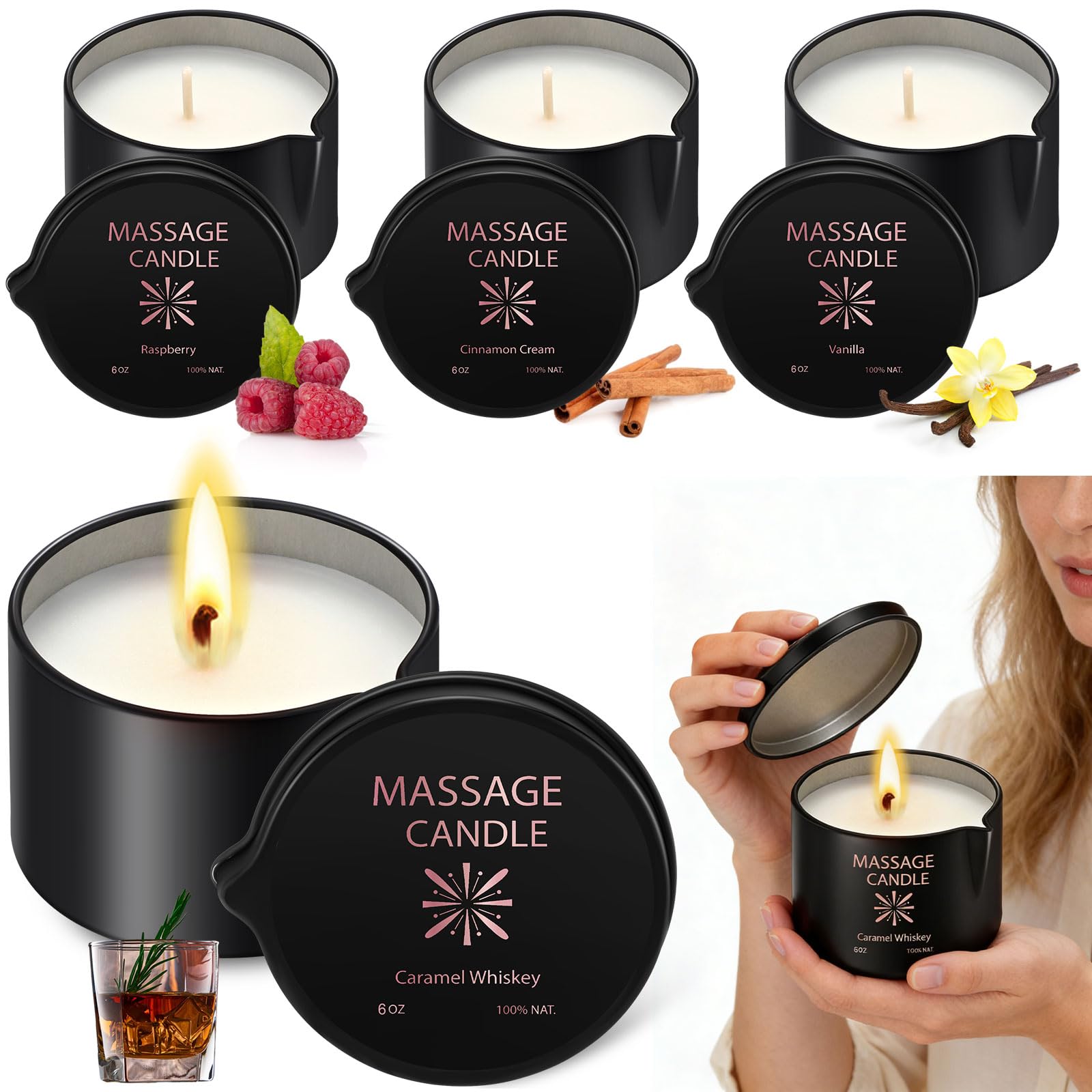 Nuanchu 4 Pcs 6 oz Massage Oil Candle, Ignite Low Temp Scented Body Oil Candles for Massage Therapy Soy Based Christmas Home Gift Spa Use 4 Scent