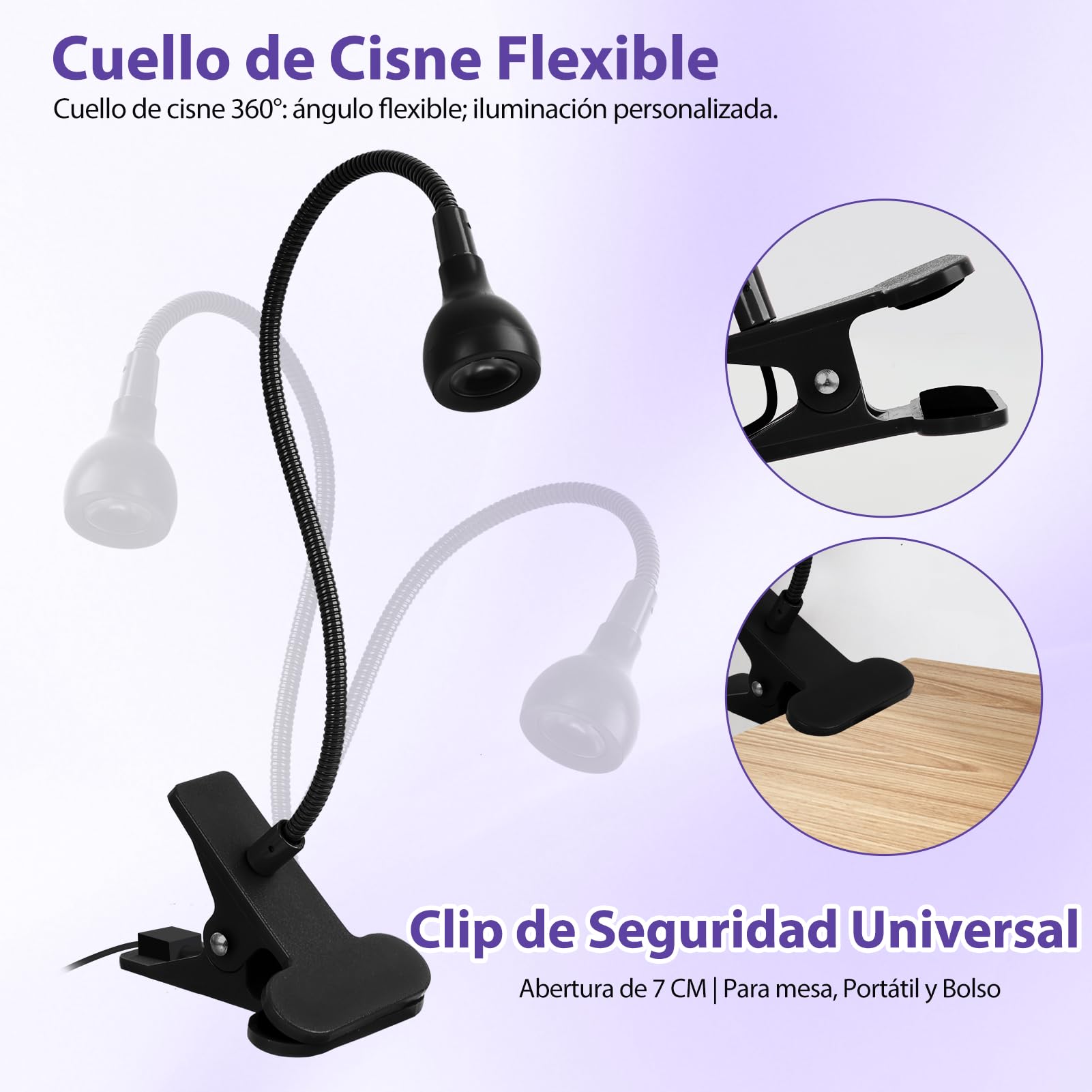 Lámpara de Uñas UV 5W LED Mini para Uñas de Gel Curado Rápido USB Ultravioleta con Clip Negro