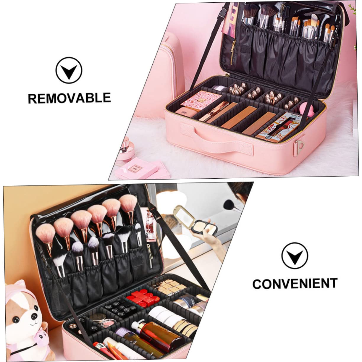 Beavorty Kosmetik Taschen Make Up Organizer aus Pu Leder mit Herausnehmbaren Verstellbaren Fächern Große Kosmetiktasche für Zuhause und Arbeit