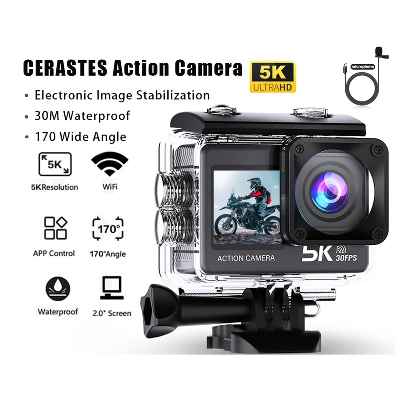 Action Camera 5K 4K 60FPS WiFi Anti Shake Doppio Schermo 170 ° Grandangolo 30 M Fotocamera Sportiva Impermeabile Con Telecomando Alta Risoluzione(64G)
