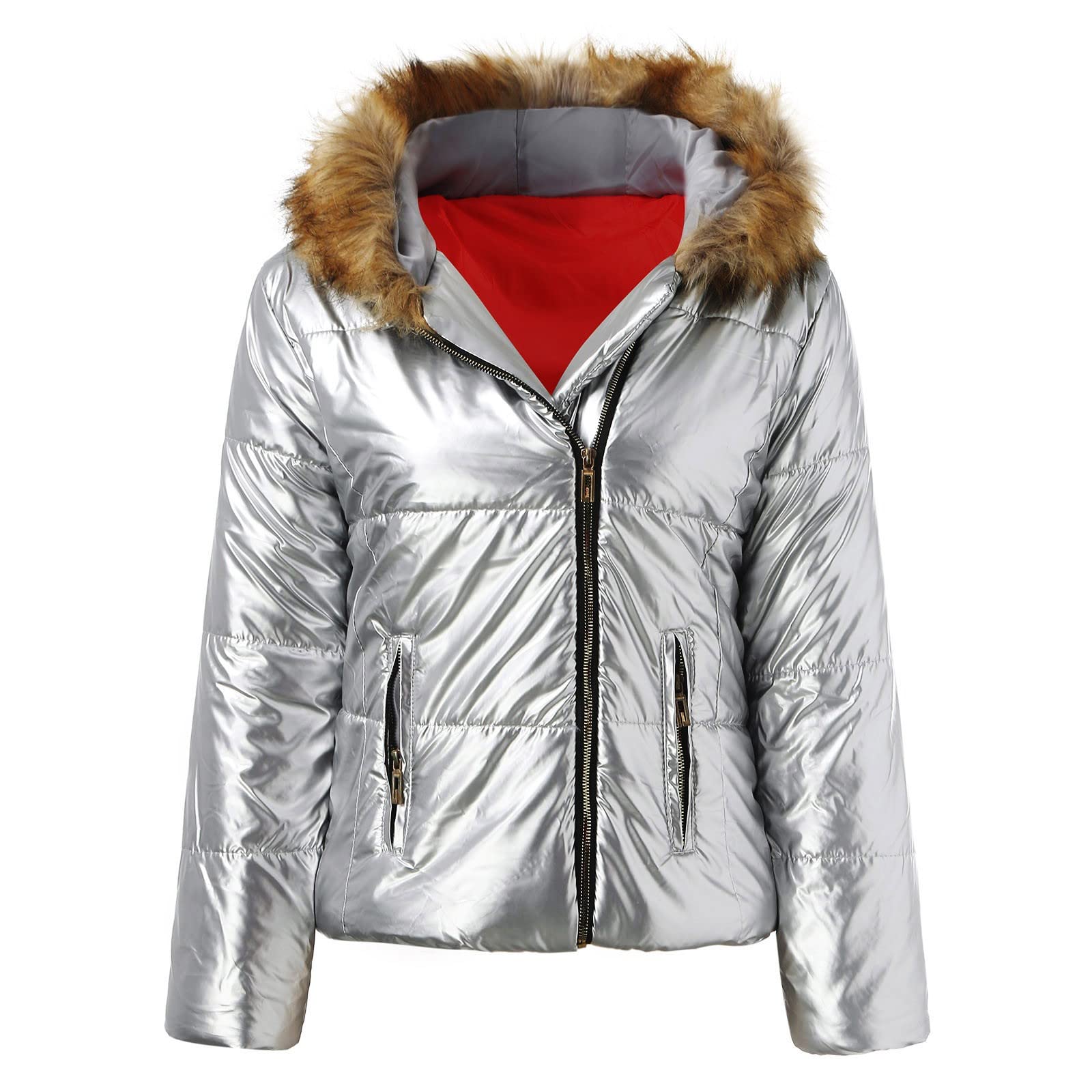 Generisch 2026 Chaqueta corta de algodón casual para mujer con cuello suelto para entretiempo, plata, L