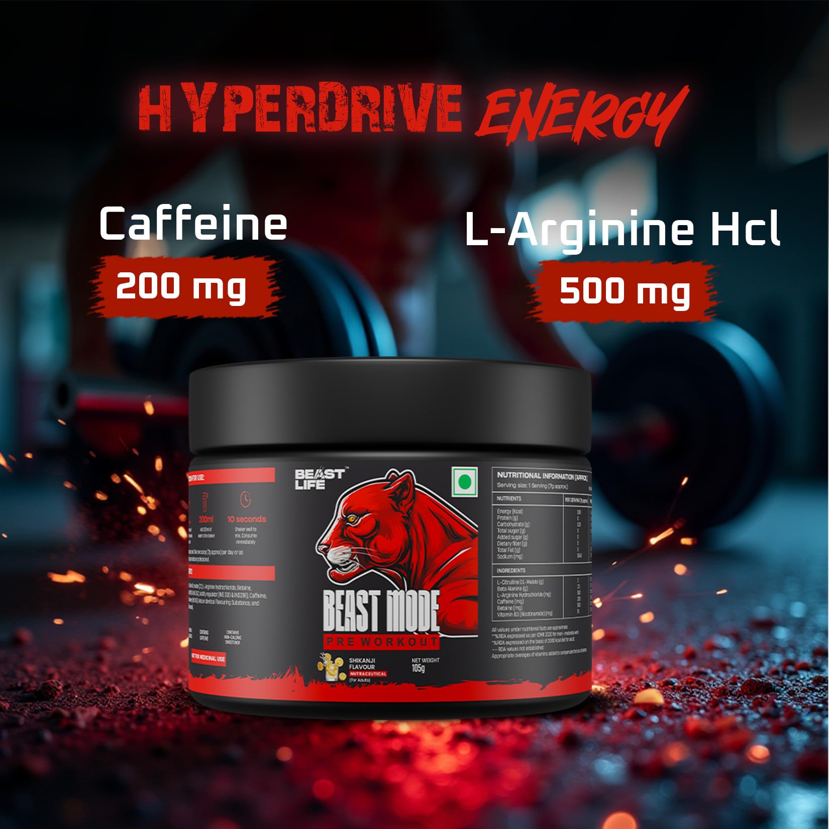 Beastlife Pre-Workout | 105 gm | Shikanji Flavor | Boosts Pump & Energy | Speeds Up Recovery | 2000 mg Citrulline | 2500 mg Beta-Alanine | 200 mg Caffeine | 500 mg Betaine 4