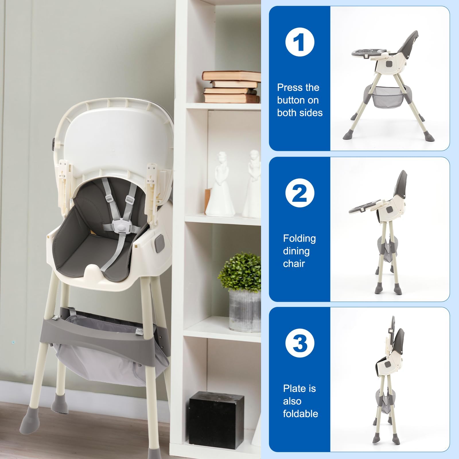 Chaise Haute Convertible 5 en 1 pour Bébés et Jeunes Enfants : Siège Réglable en Hauteur,Dossier,Repose-pieds,Coussin Amovible en PU et Double Tablette