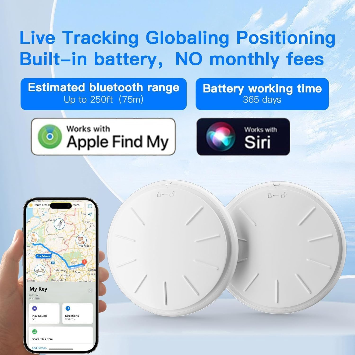 Confezione da 3 targhette tracker con custodia impermeabile per chiavi, portafoglio, ecc., funziona con l'app Find My (solo iOS)