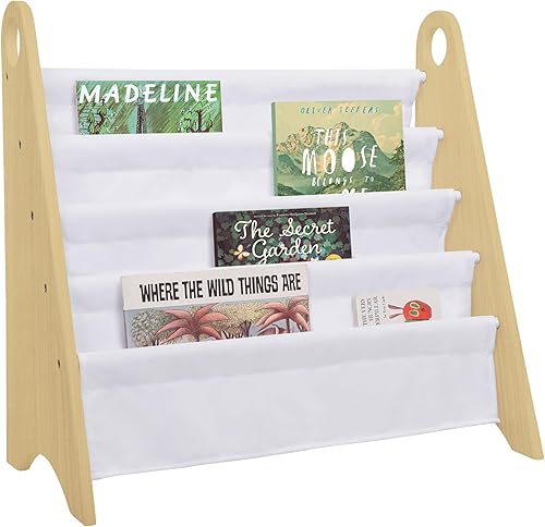 Wildkin Estantería para niños, almacenamiento moderno de madera con 4 estantes y asas de tela, organizador para el hogar o el aula, color blanco