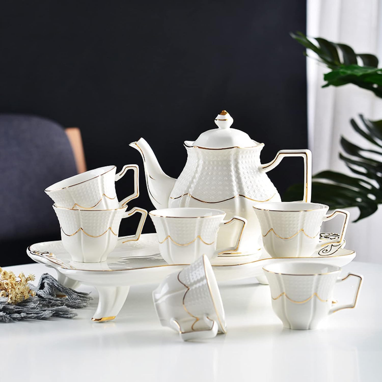 ErZhuiZi 8 Pieces White British Porcelain Tea Sets, Ceramic Tea Service