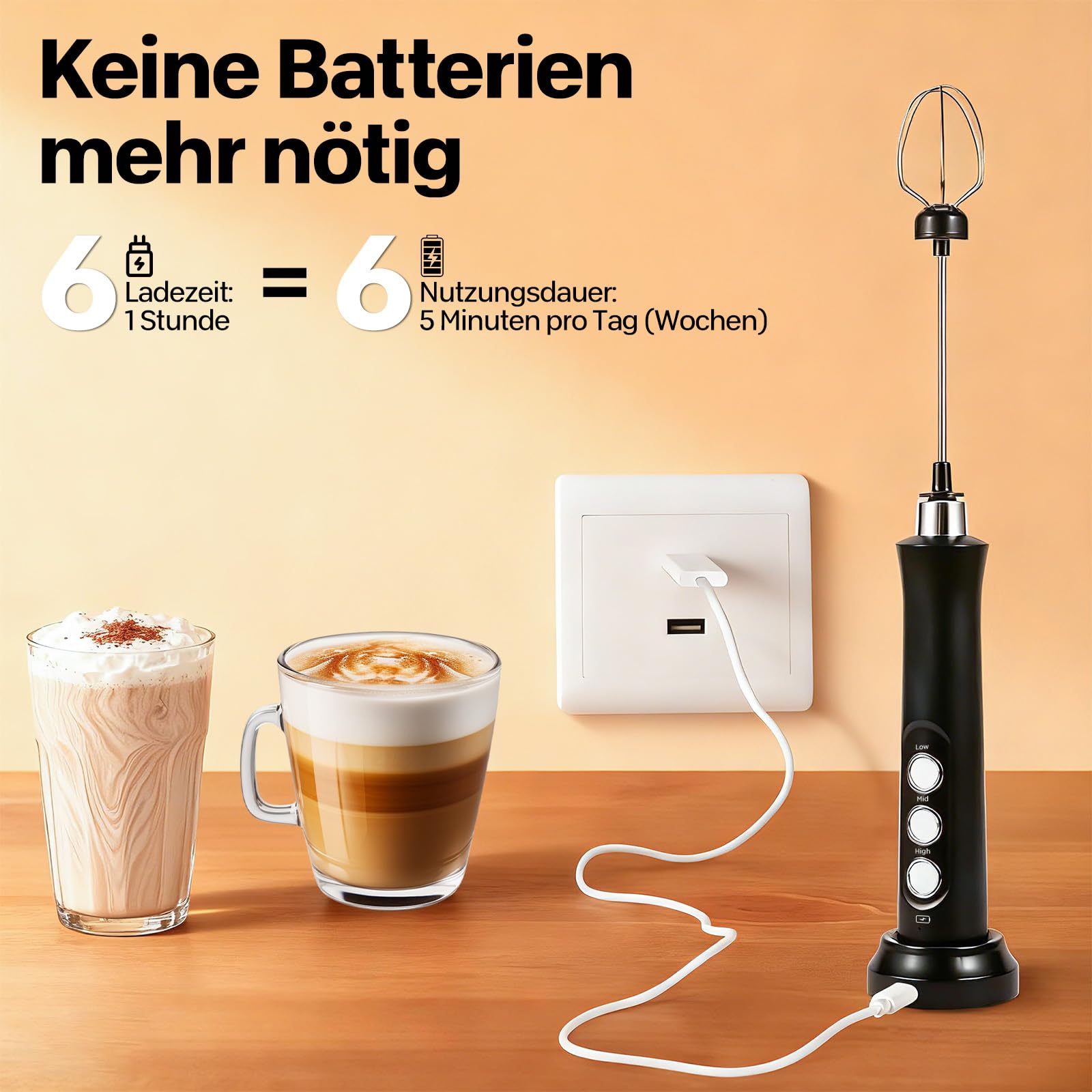 Montalatte elettrico a mano, montalatte elettrico ricaricabile, mixer per bevande a 3 velocità, adatto per montalatte per caffè, cioccolata calda, cappuccino