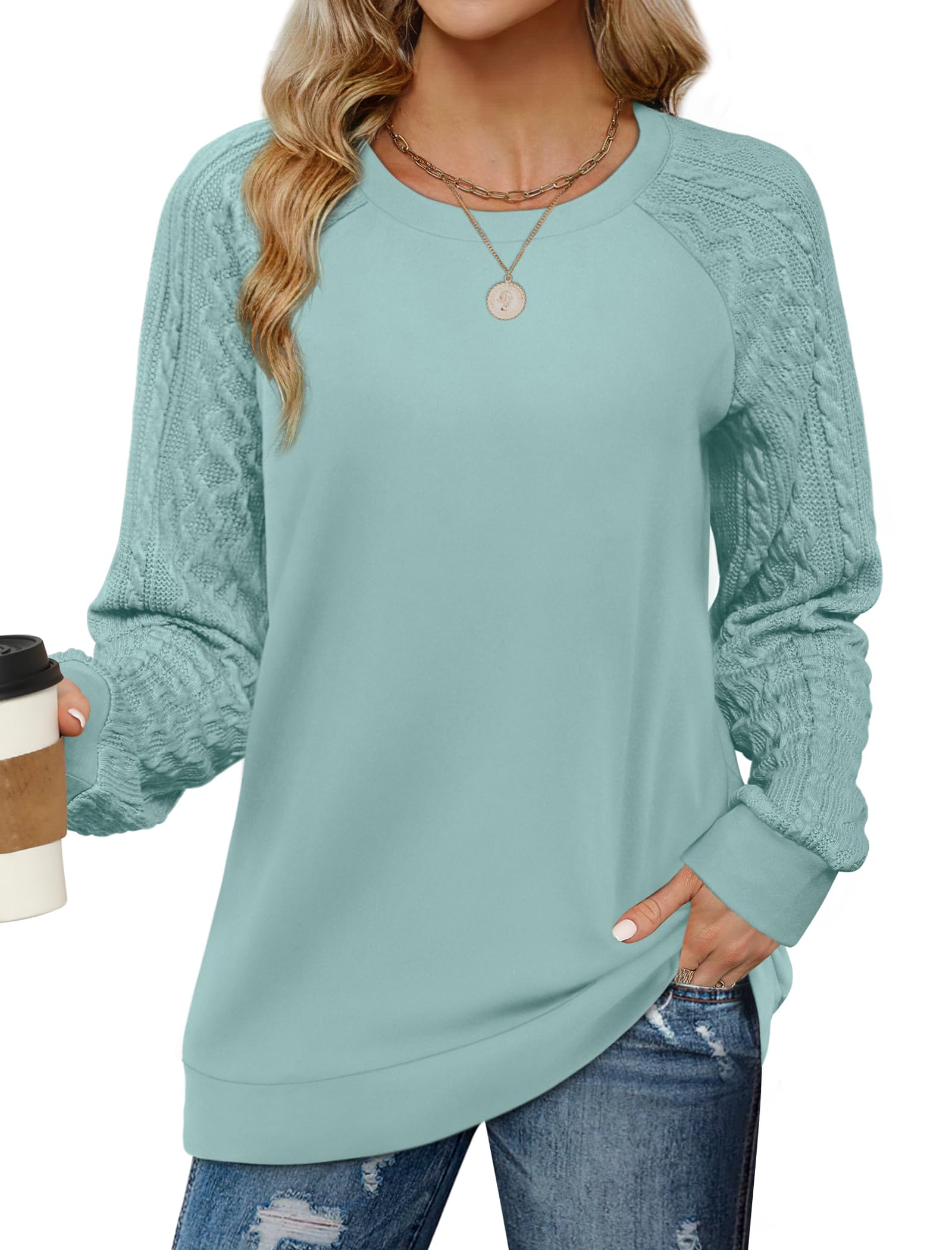 Saloogoe Sweatshirts for Women Crewneck Cable Knit Sleeve Sweaters Lightweight Fashion 2025