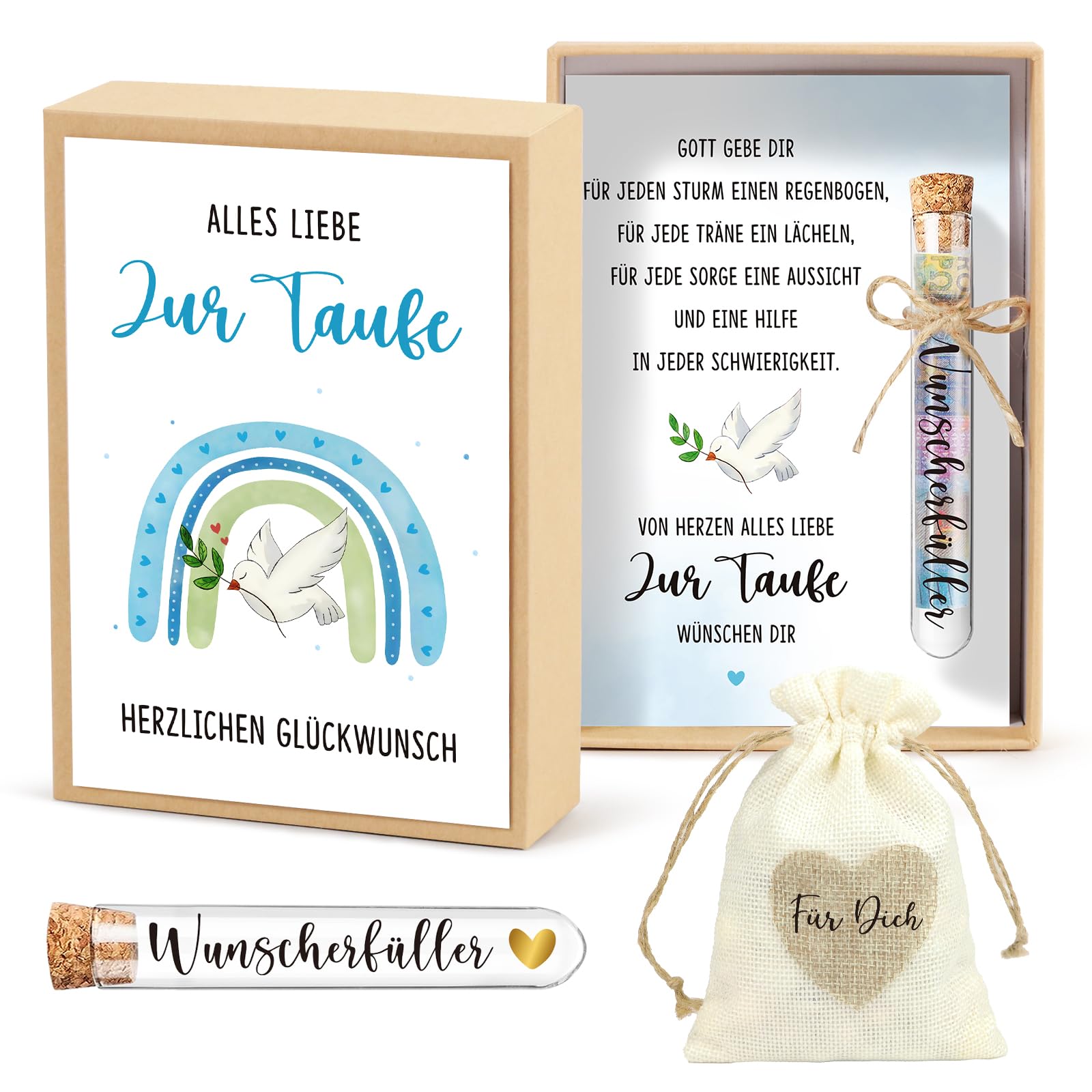 BOFUNX Taufegeschenk Geldgeschenke zur Taufe Inklusive Alles Liebe zur Taufe Karte Geschenkbox Kunststoff Reagenzglas Jutesäckchen Taufgeschenk Geld Gutschein Verpackung für Jungen Mädchen