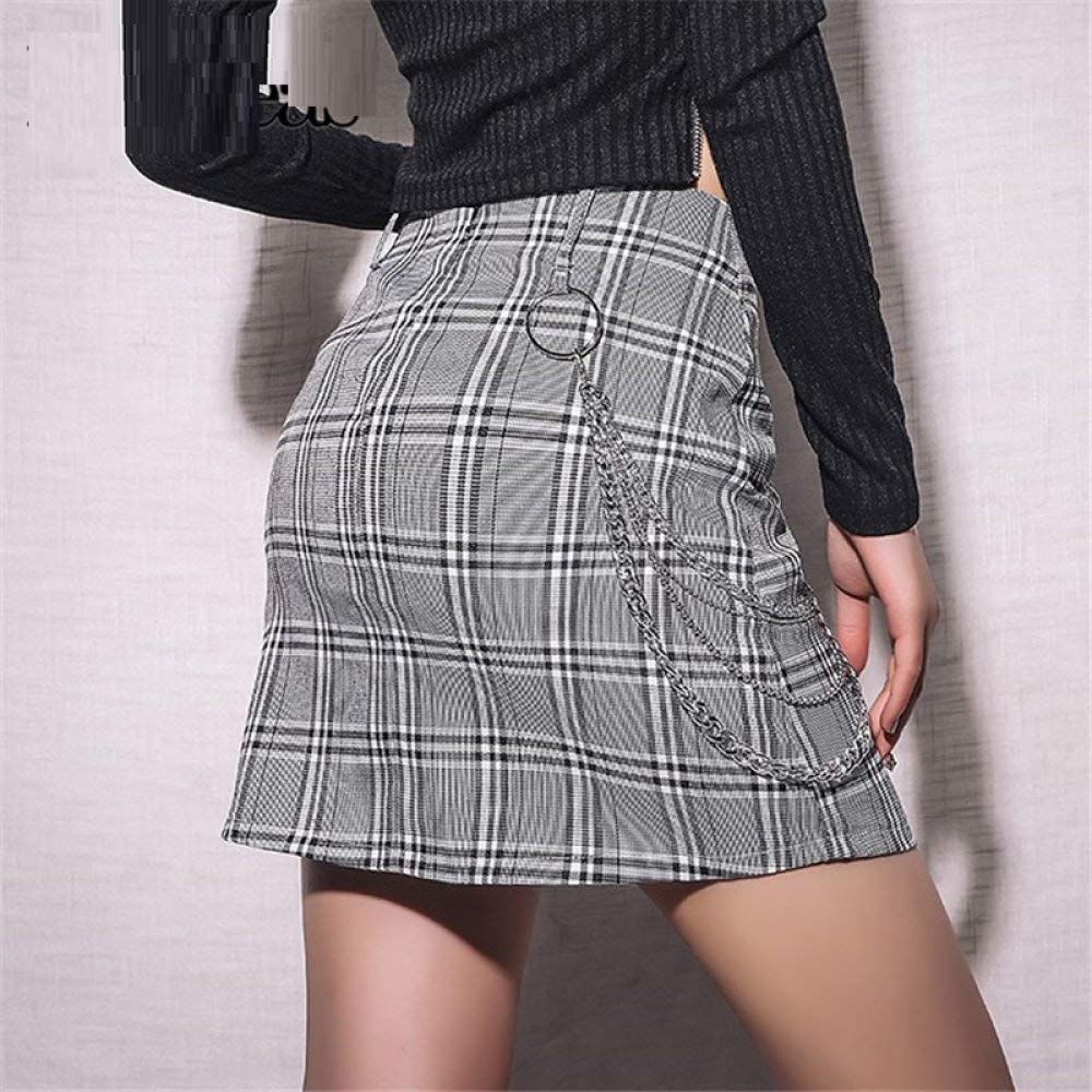 Falda Mujer Mini,Falda Acampanada De Cintura Alta Cadena De Metal A Cuadros Gris Verano Lindo Dulce Lápiz Bodycon Falda Corta con Cremallera para Niñas Damas Playa Fiesta De Vacaciones