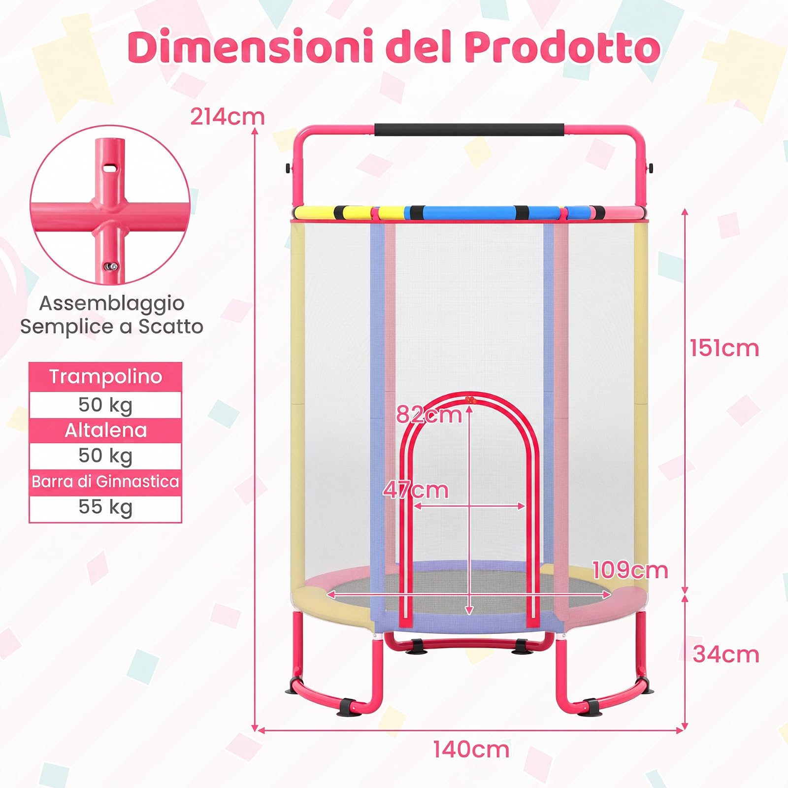 COSTWAY 6 in 1 Trampolino Bambini Interno ed Esterno | Tappetino Elastico con Altalena, Bersaglio, Barra e Anelli da Ginnastica, Canestro da Basket e Rete di Sicurezza, 3+ Anni
