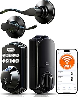 Veise VE012W-B Wi-Fi Fingerprint Smart Lock with Handle Set, Remote App Control, Keyless Entry Front Door Lever, Built-in WiFi No Hub Needed, Backlit Keypad Deadbolt, Auto-Locking, Matte Black