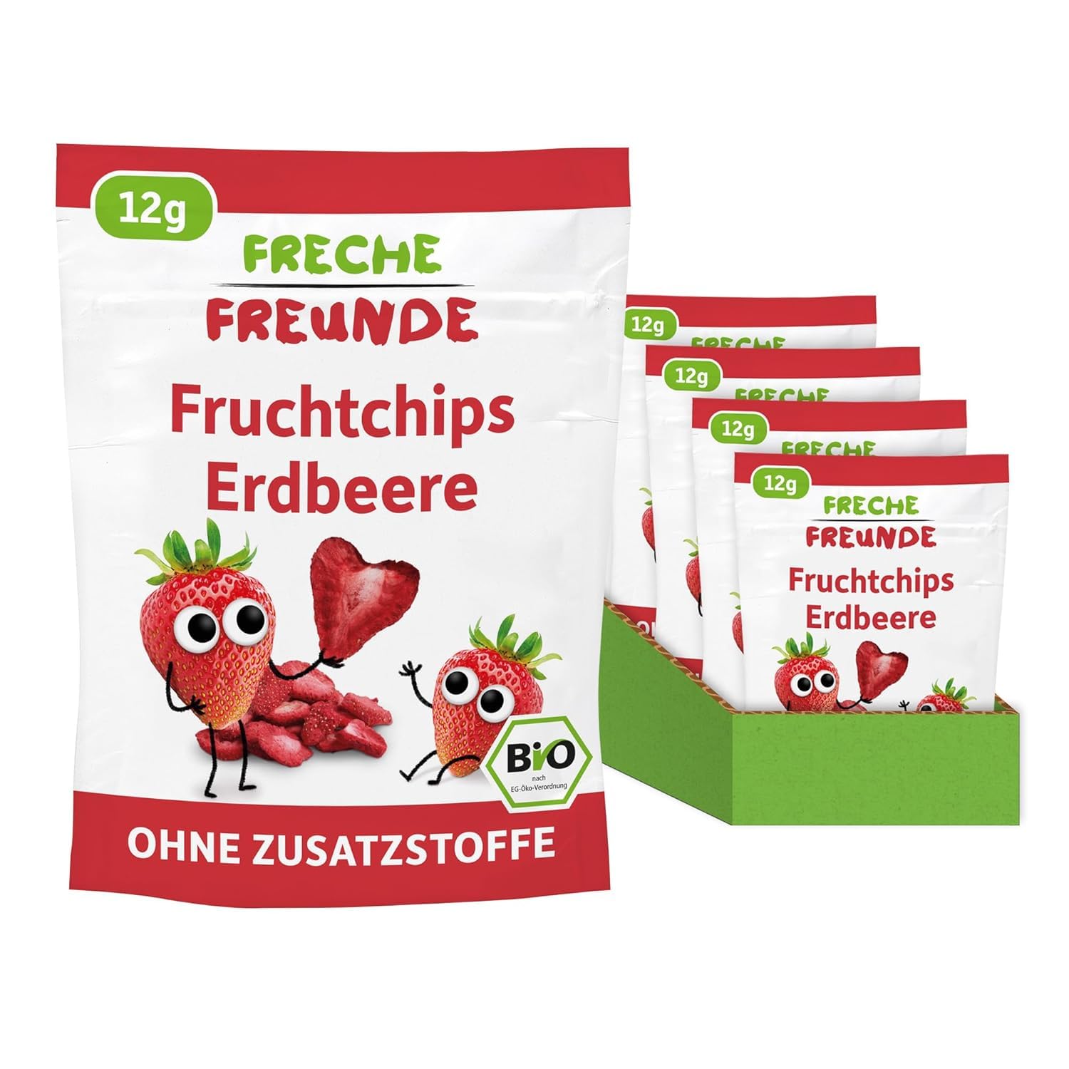 FRECHE FREUNDE Bio Fruchtchips Erdbeere, gefriergetrocknete Obst Chips, natürliche Trockenfrüchte in Scheiben ohne Zuckerzusatz, vegan, laktosefrei, glutenfrei, 12er Pack (12 x 12g)