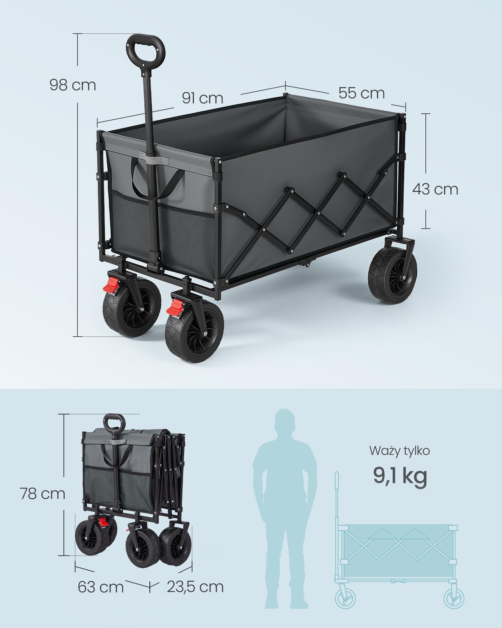 SONGMICS składany wózek, wózek ręczny z uchwytem, wózek ogrodowy, do kempingu, 4 wzmocnione koła, w tym 2 uniwersalne, do ogrodu, ładowność 180 kg, 200 l, gołębia szarość GFW201G101