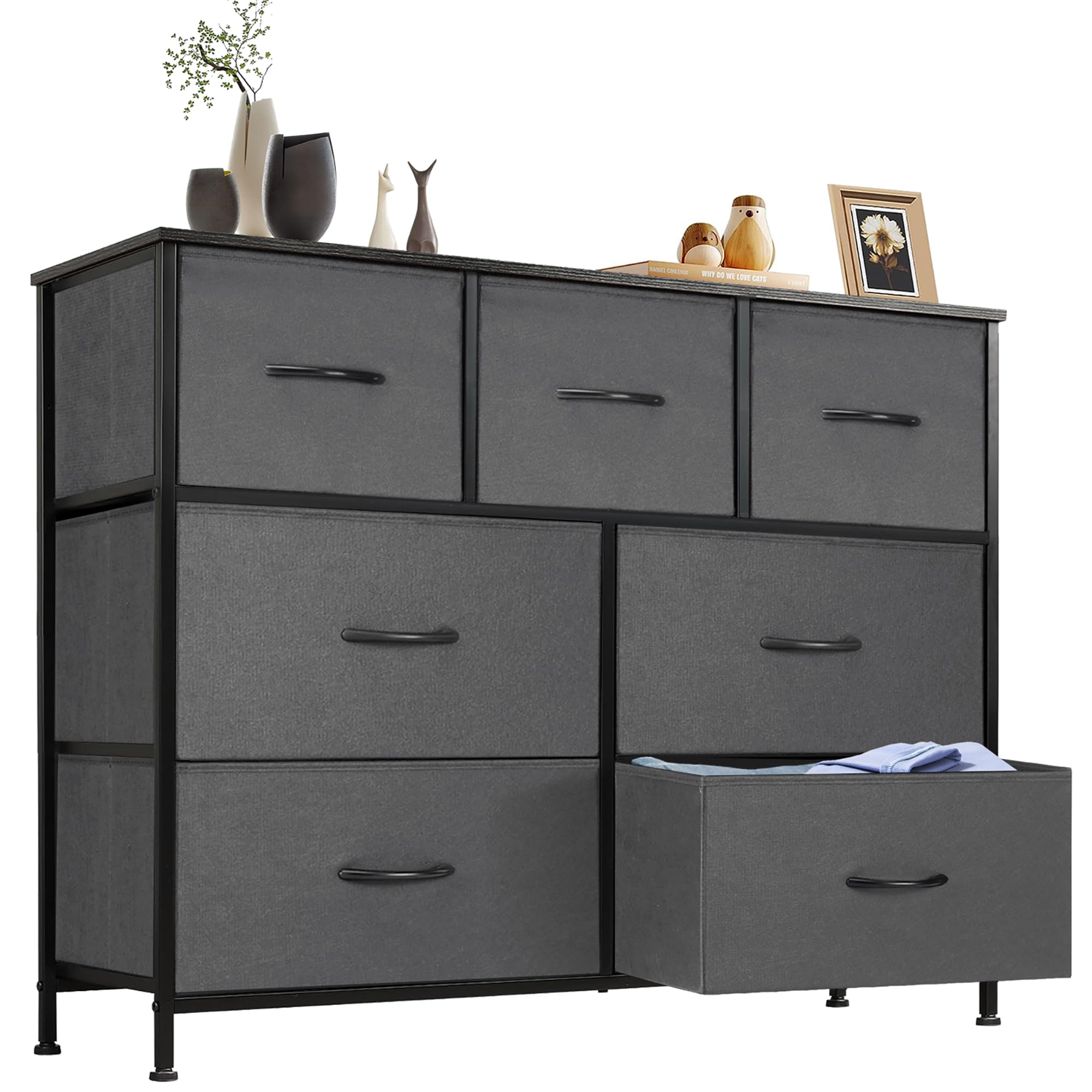DUMOS Kommode für Schlafzimmer mit Stoffschubladen hohe Organizer für Kleidung Schrank Kinderzimmer Aufbewahrungsturm mit Schrank Metallrahmen Holzplatte leichte