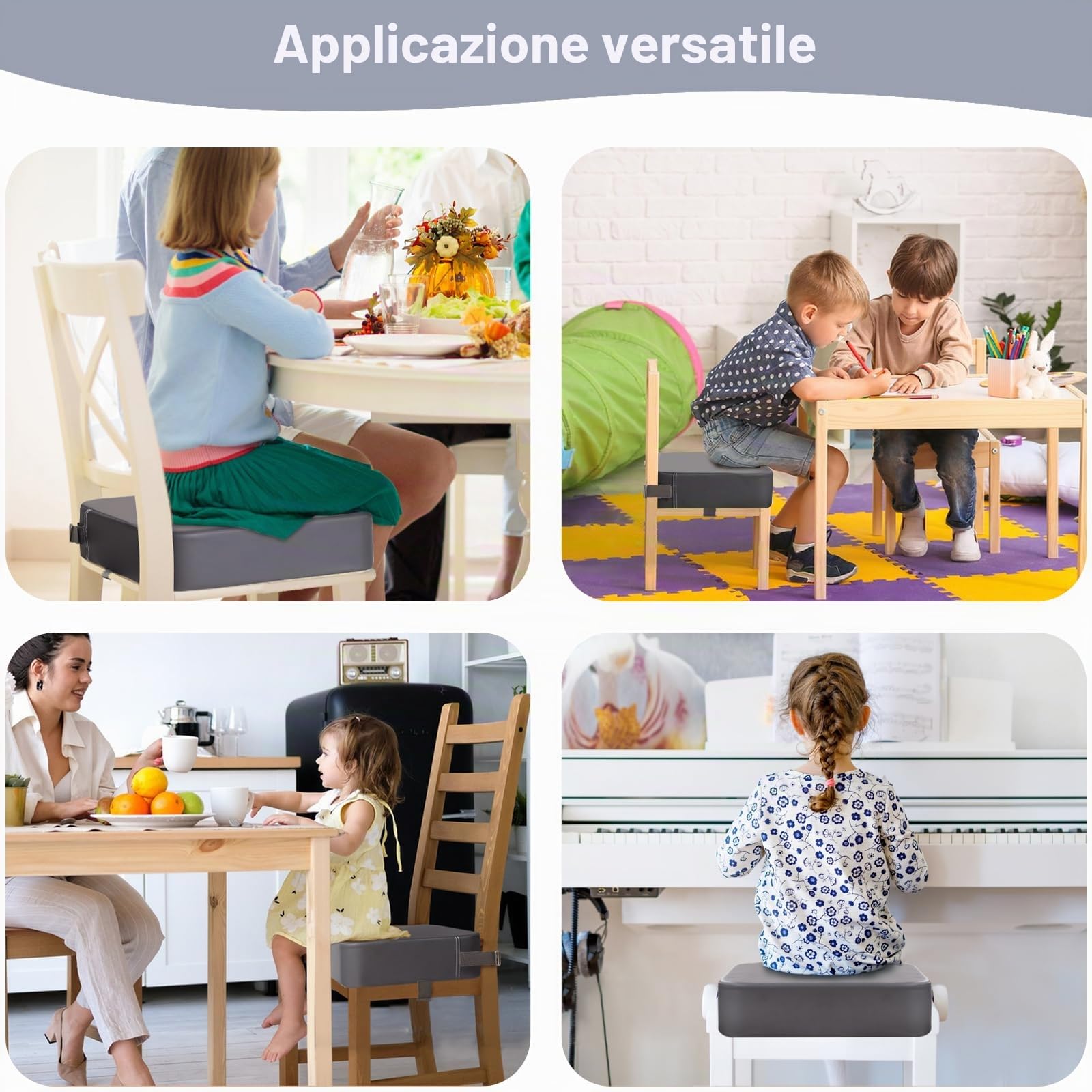 Rialzo Sedia Bambini Cuscino Da Tavolo Lavabile Alzasedia per Bambini Regolabile Alza Sedia con 2 Cinghie Per Sedia Da Pranzo(Grigio Scuro)