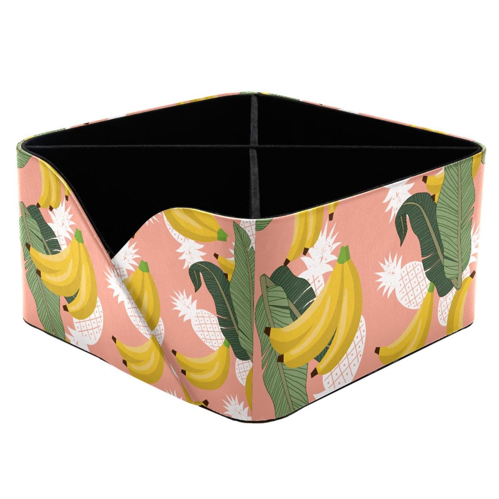 KengjuTesu Fruits Banana Pineapple Leaves Pattern Desktop Organizer Pen Holder, Rectangular Pencil Cup for Office, Study and Makeup Stations