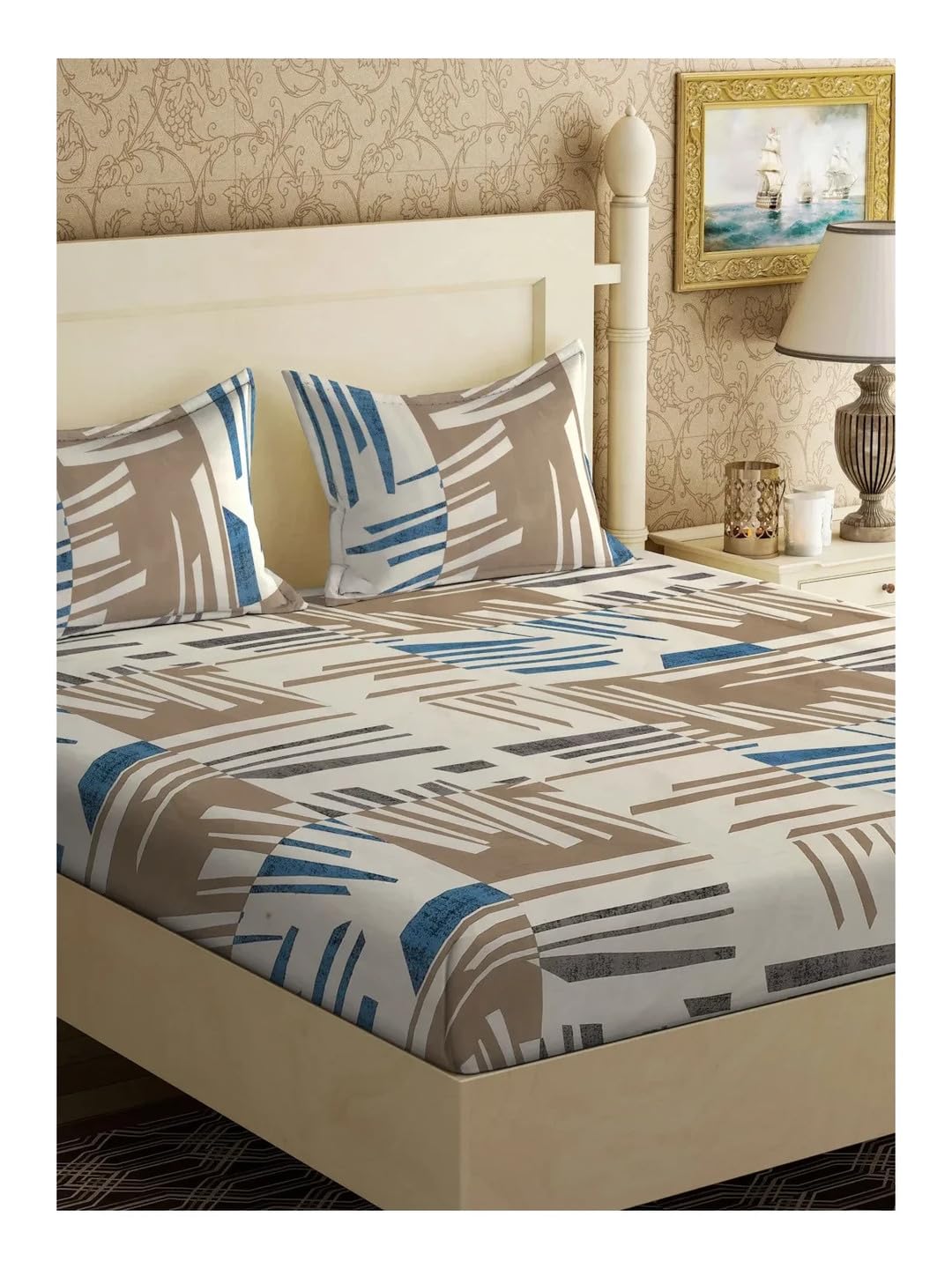 Klotthe Supersoft Cotton Blend Feel Glace Cotton King Size Printed Flat Double Bedsheet wih 2 Pillow Covers II 300 TC, 90"x100" Inch, Multi-picture-11