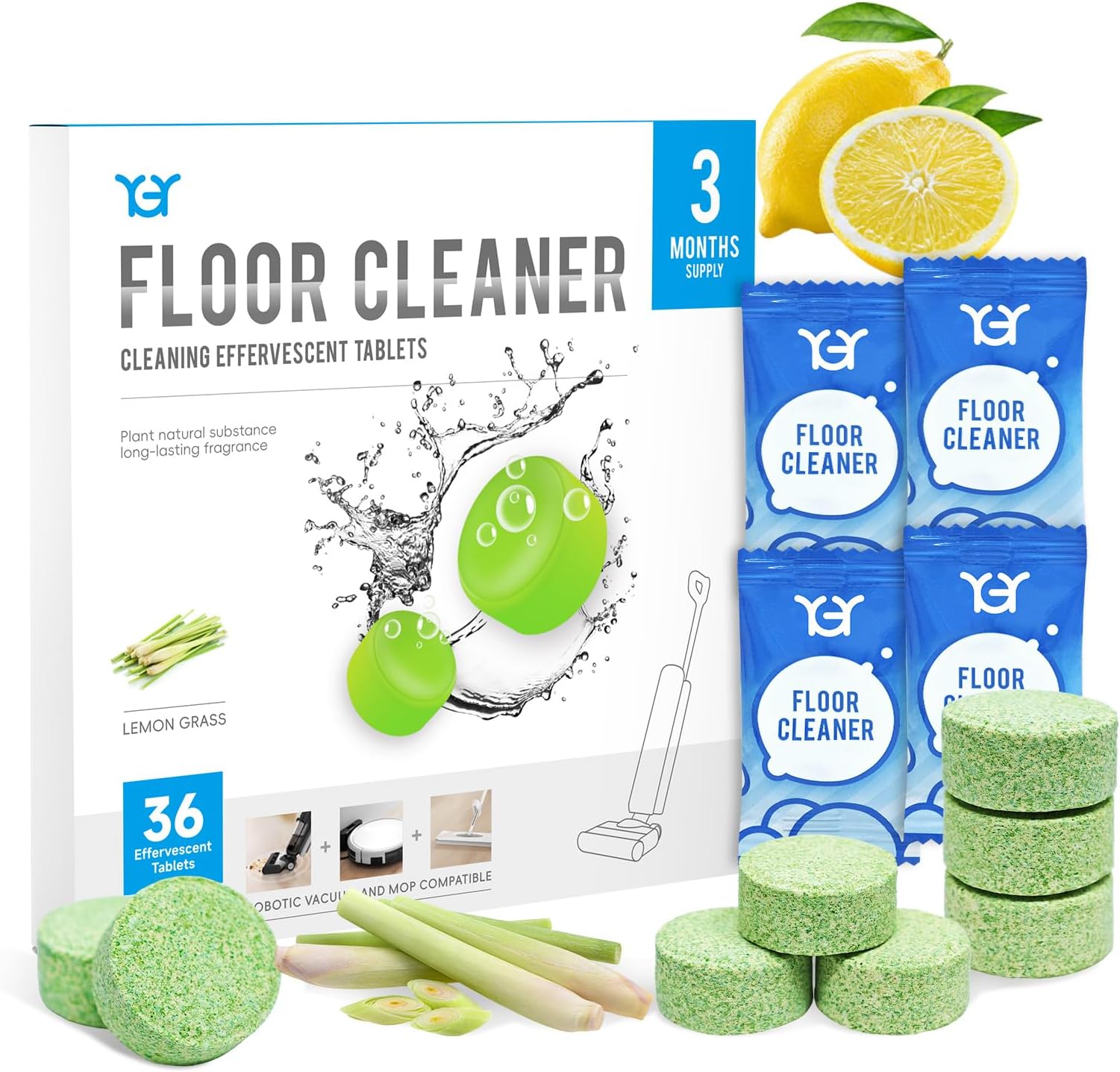 36 Pack Lemongrass Scent Floor Cleaning Tablets, Compatiable with Tineco iFLOOR, Floor One S3/S5/S6/S7 Wet Dry Vacuum Mop—Deep Clean & Deodorize—Clean Machine,Individually Wrapped