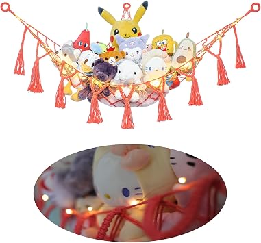 Macrame Stuffed Animal Hammock- Coral Red Hanging Corner Storage Net for Nursery & Bedroom Plushie OrganizationNo LED Lights