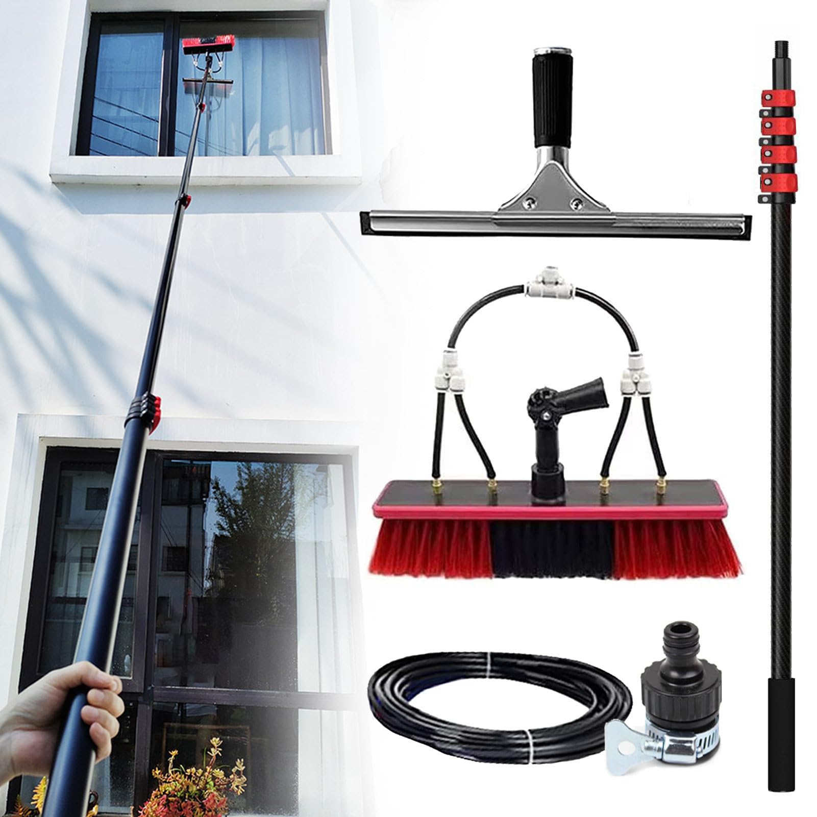 GHFXSCV Telescopic Window Cleaning Pole 12m & 8m Water Fed Brush & Squeegee Long Reach Roof Cleaner Hose Connector for Efficient Exterior Window & Conservatory Cleaning