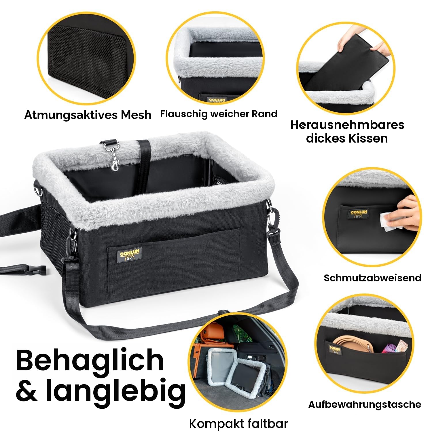 Conlun Hunde Autositz für Kleine Hunde bis 9kg - Stabiler Hundesitz Auto mit Stahlrahmen & Fronttasche - Faltbarer Hundekorb Auto mit Sicherheitsleine & Waschbarer Einlage (40x33x22cm)