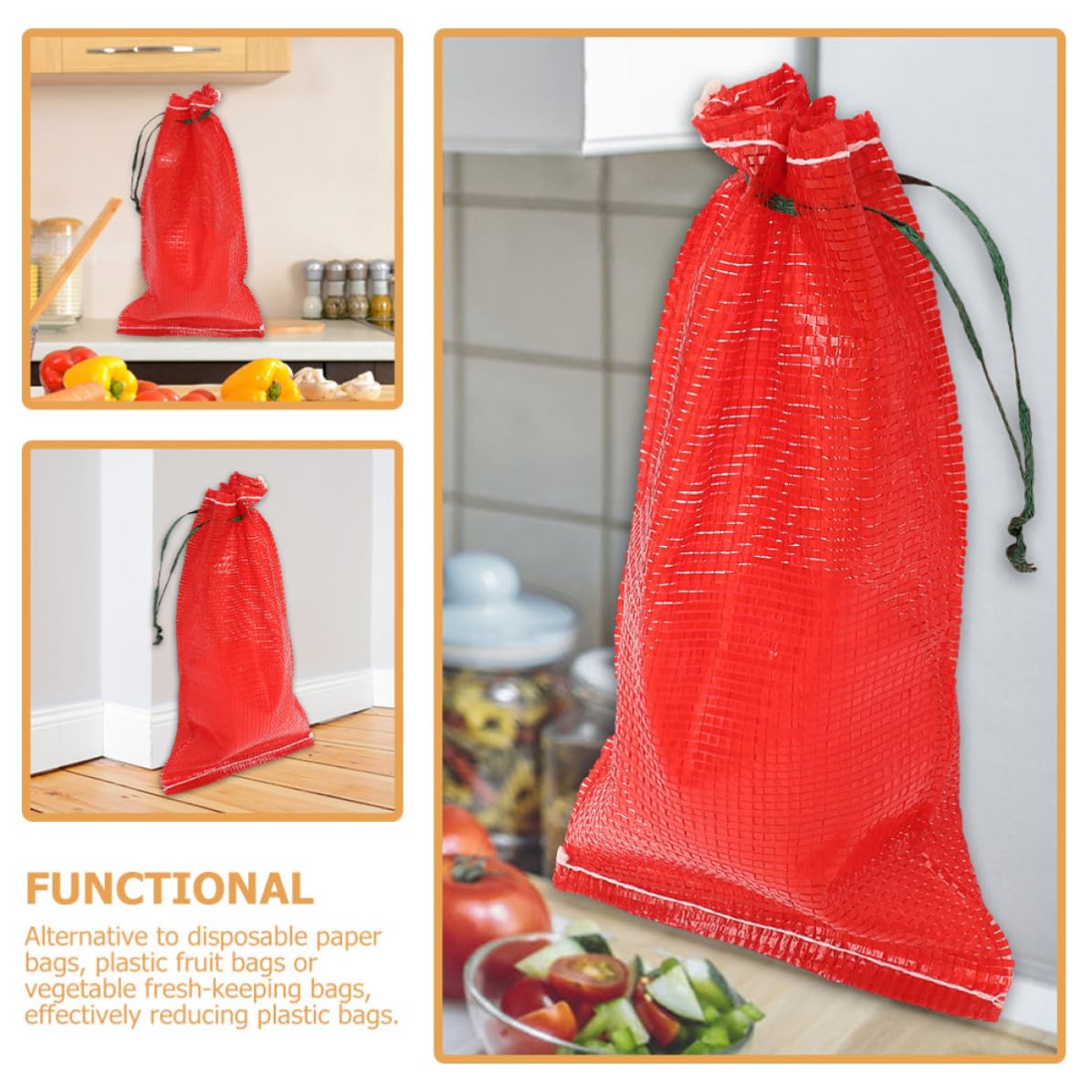 50 Bolsas de Malla Reutilizables de Polipropileno Rojo Cordón para Almacenamiento de Frutas y Frutos Secos, Resistente Gran Capacidad