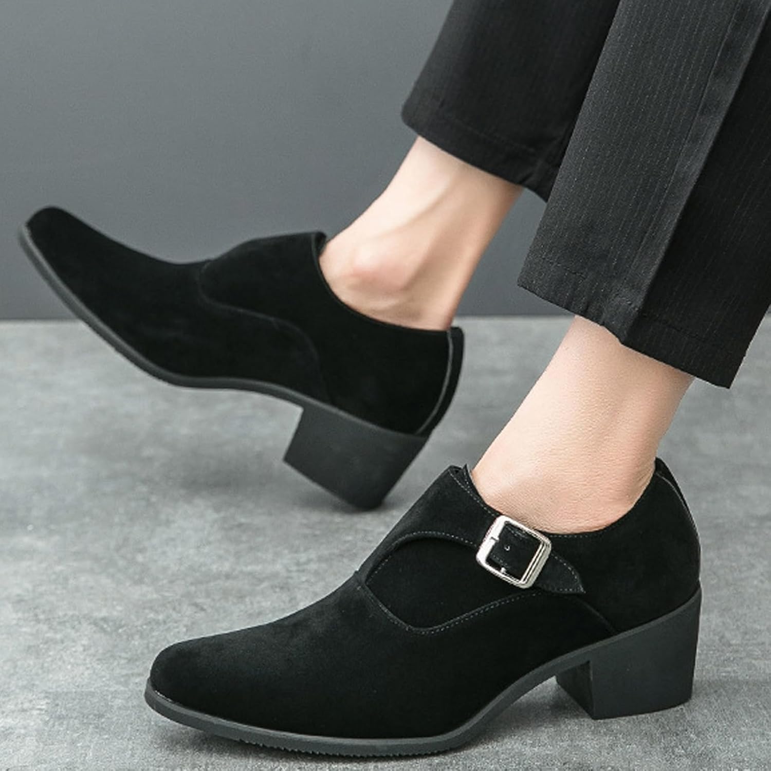 NELSBREXMen'S Suede Leather Chunky Heel Monk Strap Oxford Shoes Fashionable Pointed Toe Non-Slip Slip-On Block Heel Loafers Formal Business Dress Low top Chelsea Boots