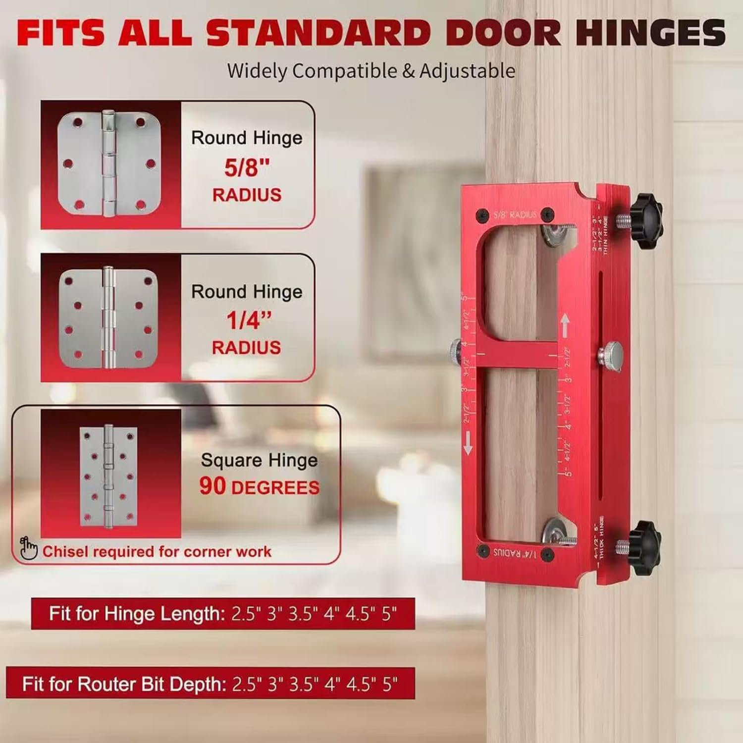 Aluminum Alloy Door Hinge Template Kit,Metal Doors Hinge Jig,Adjustable Door Hinge Mortiser Fits Door Hinges from 2.5" to 5" Length, 1/4" Radius,5/8" Radius and Types of Square (Red)