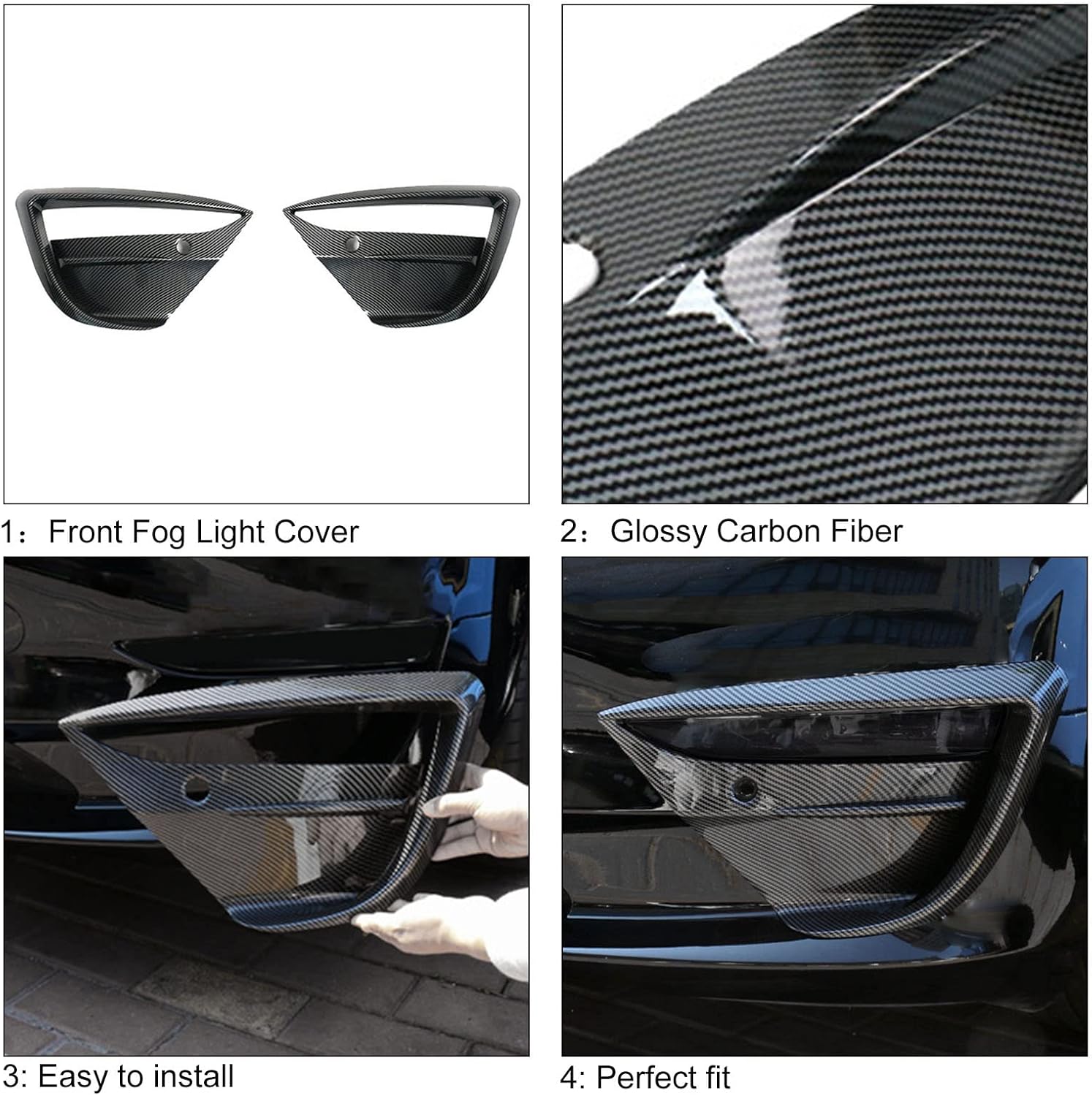 FASTCHE For Tesla Model 3 Fog Light Trim Front Fog Light Cover Eyebrow Cover Trim Frame Exterior Decoration for 2017 2018 2019 2020 2021 2022 2023 Tesla Model 3 Accessories (ABS Glossy Carbon Fiber)